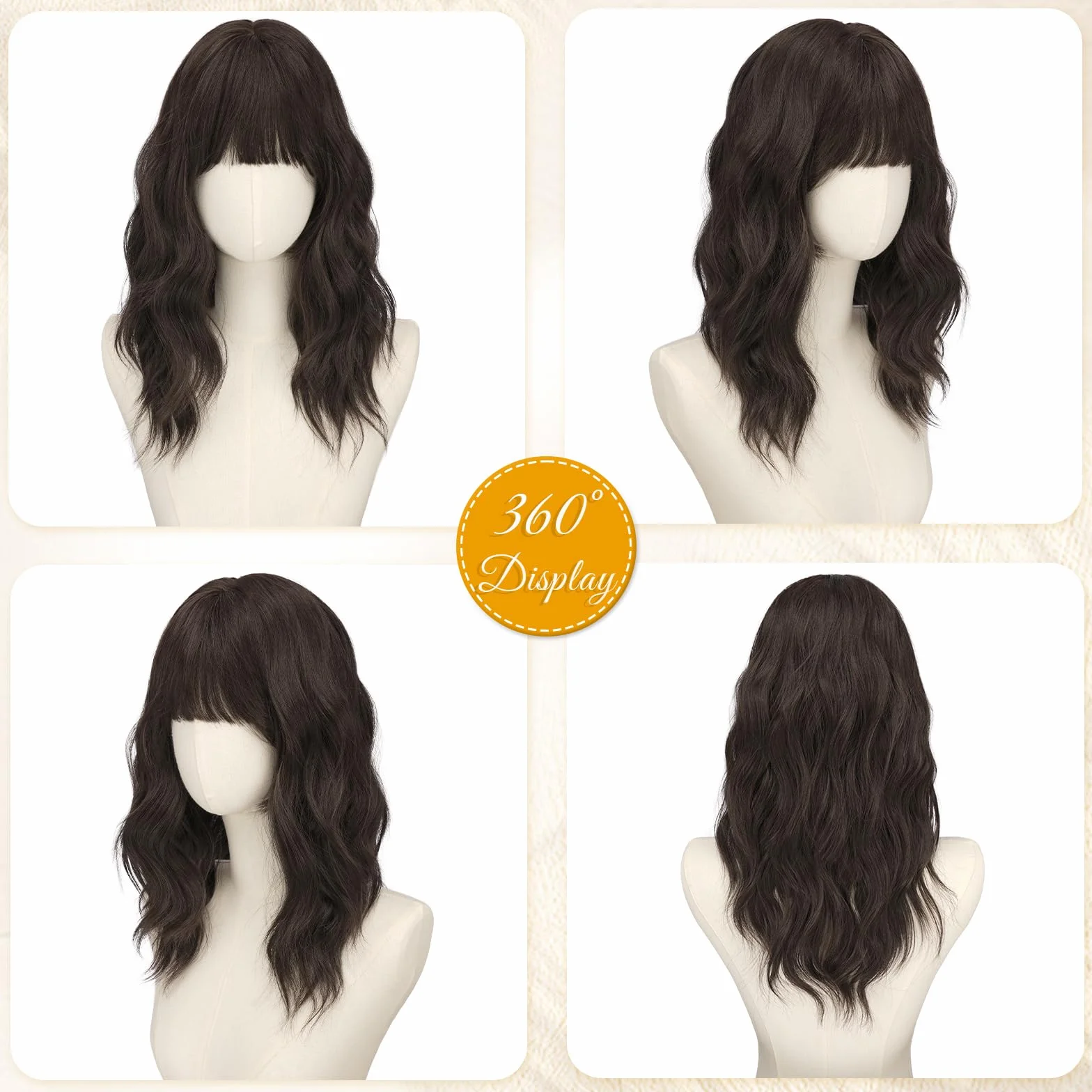 RUWISS Perruque Ondulée Brun Foncé Mi-longue 50 cm avec Frange, Naturel Layered Perruques pour Femme Cheveux Synthétiques Résistantes pour Usageet Quotidien et Cosplay