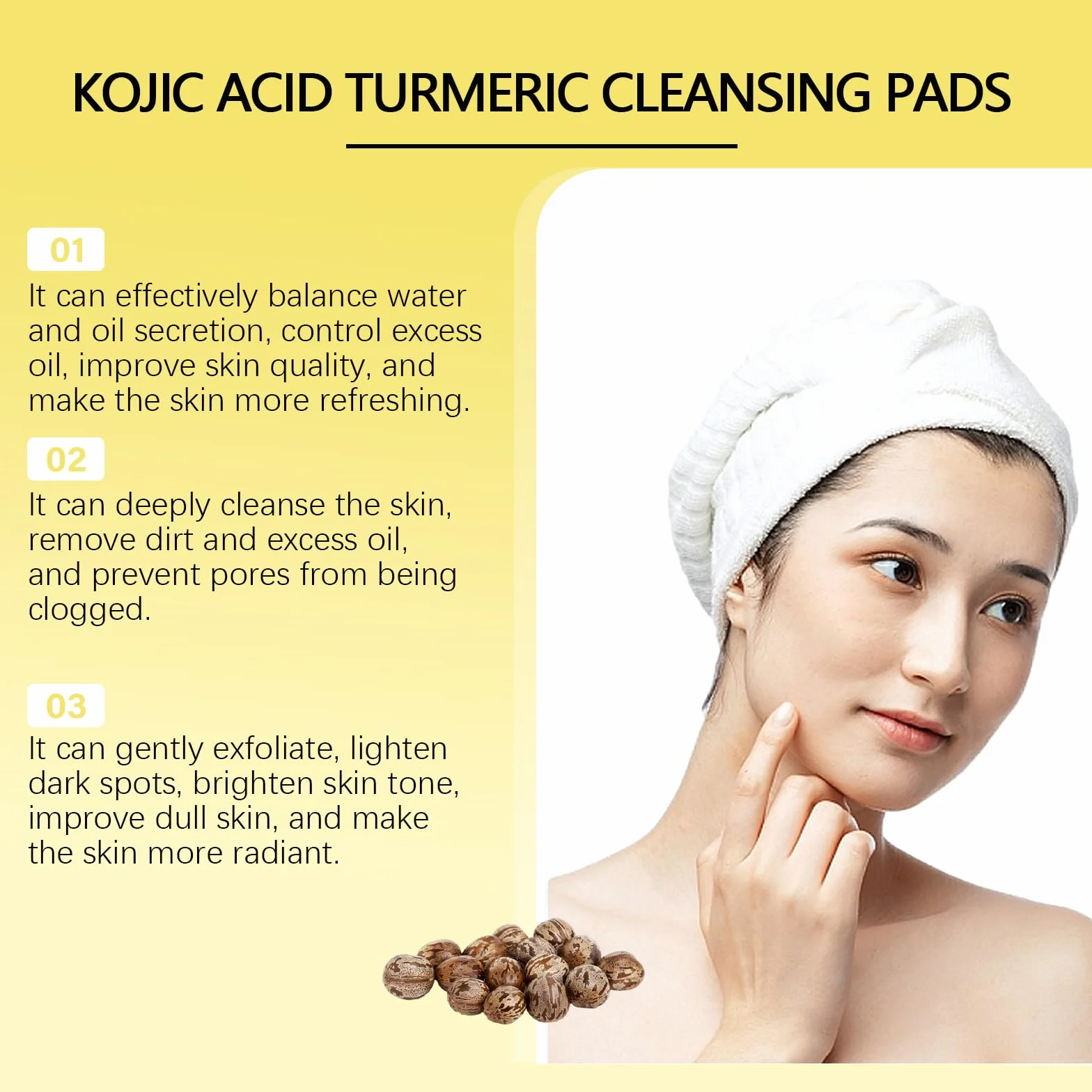 Tampons Nettoyants au Curcuma pour Le Visage,Kojic Acid Pads,Turmeric Kojic Acid Pads,Curcuma Kojic Acid Cleansing Pad,Curcuma Exfoliants Pad,Curcuma Éponge Nettoyante Pour Visage,60 Pièces