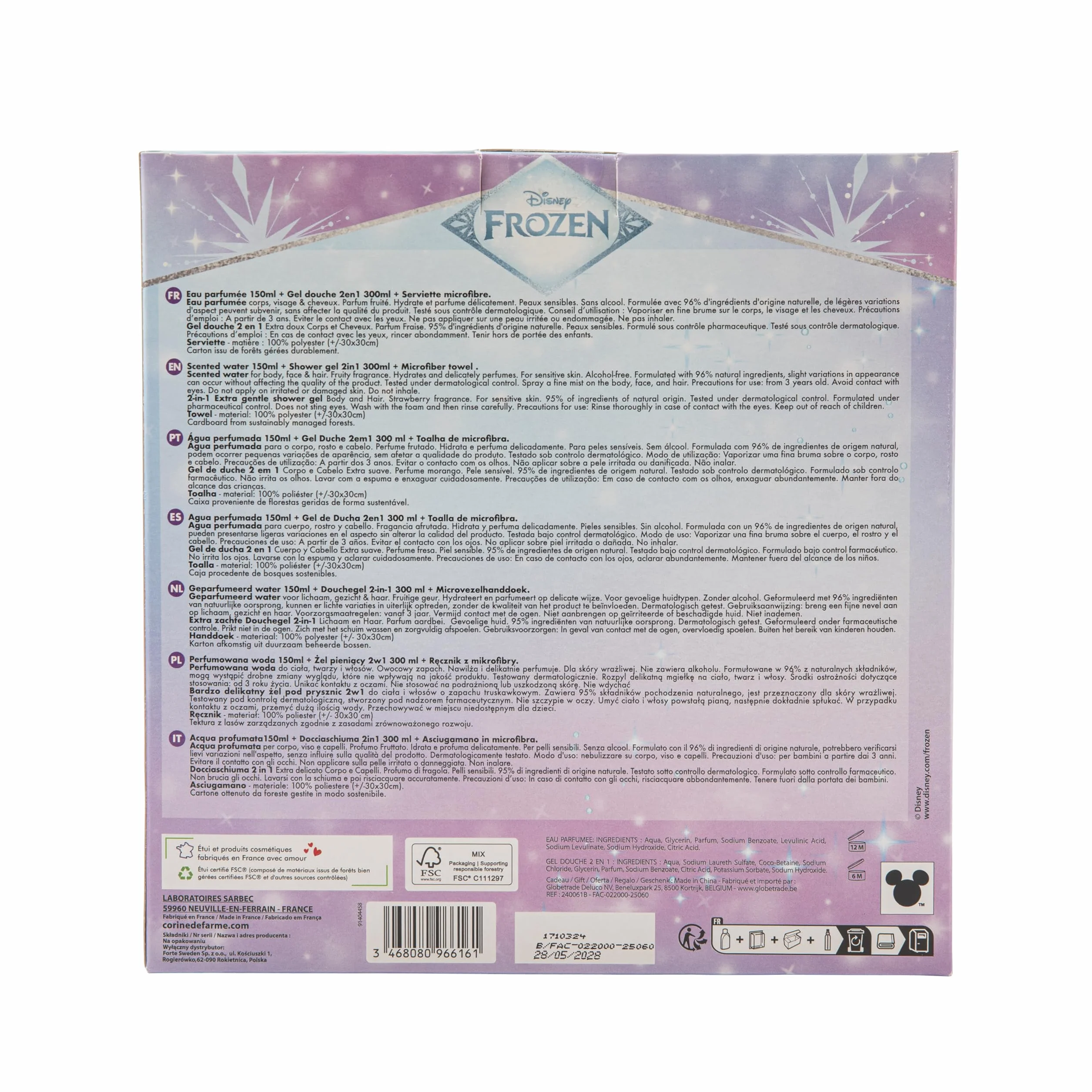 Corine de Farme Coffret Frozen Eau Parfumée 150ml Gel Douche 2en1 300ml Serviette Microfibre 96% Naturel