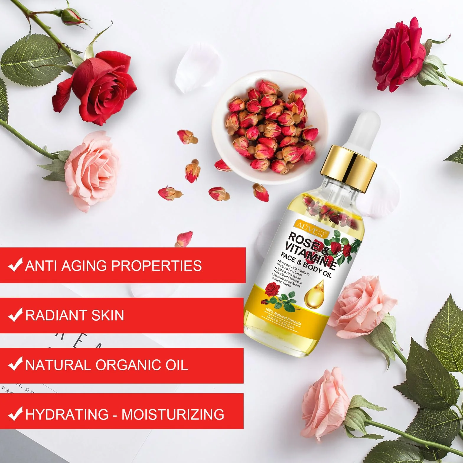 Huile de vitamine E 60ml, huile de rose naturelle pour peau, visage, cheveux et cuticules (2 bouteilles)