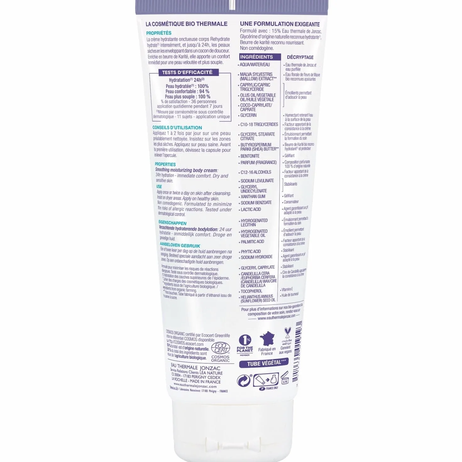 EAU THERMALE JONZAC Crème Corps Hydratante 24h Peaux Sèches et Sensibles Bio 200 ml - Pot en Plastique avec Couvercle Rabattable - Soin Onctueux Riche en Beurre de Karité - Lot de 2