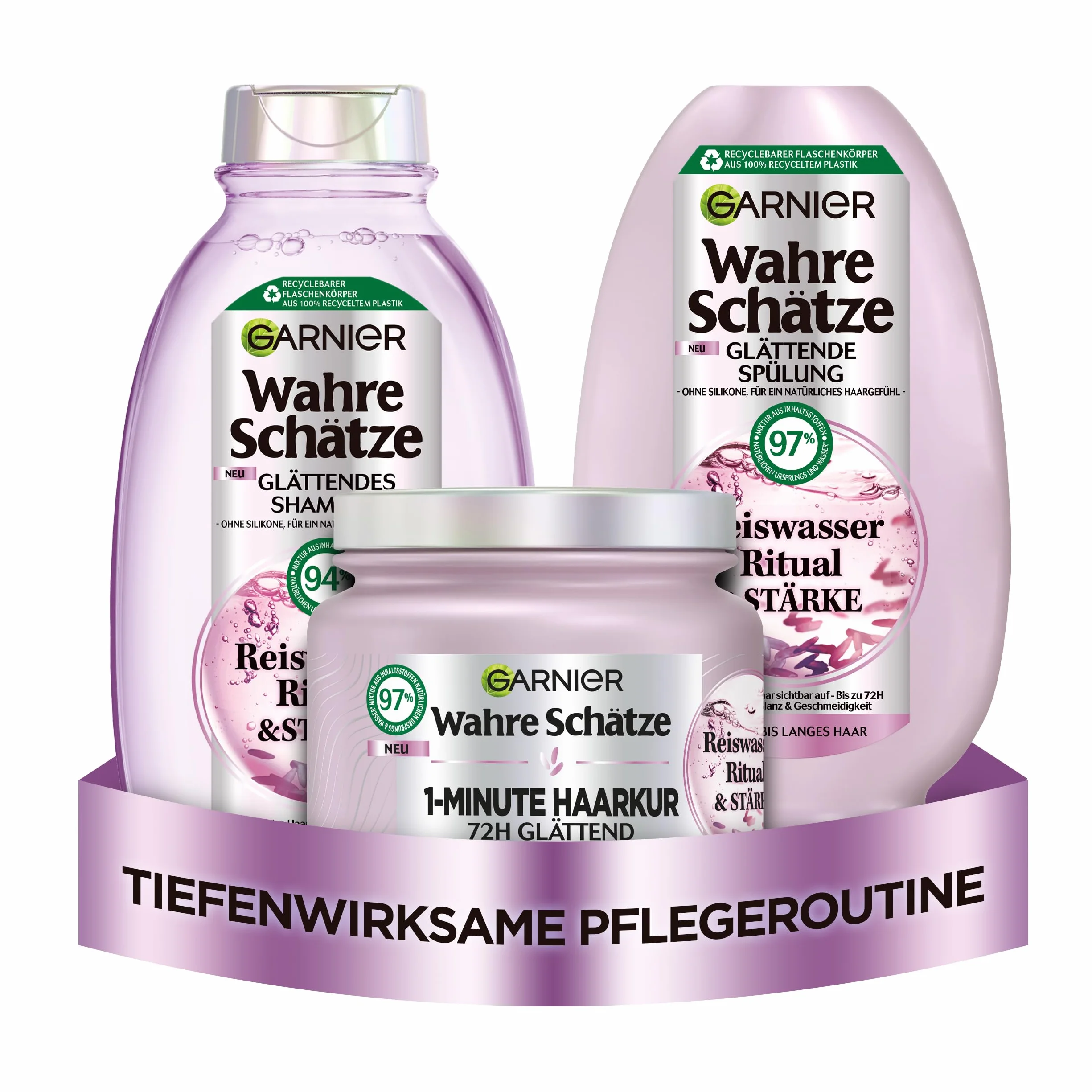 Garnier Wahre Schätze Lot de 3 Soin Lissant à l'Eau de Riz Shampooing 250 ml Après-shampoing 200 ml Cure 340 ml