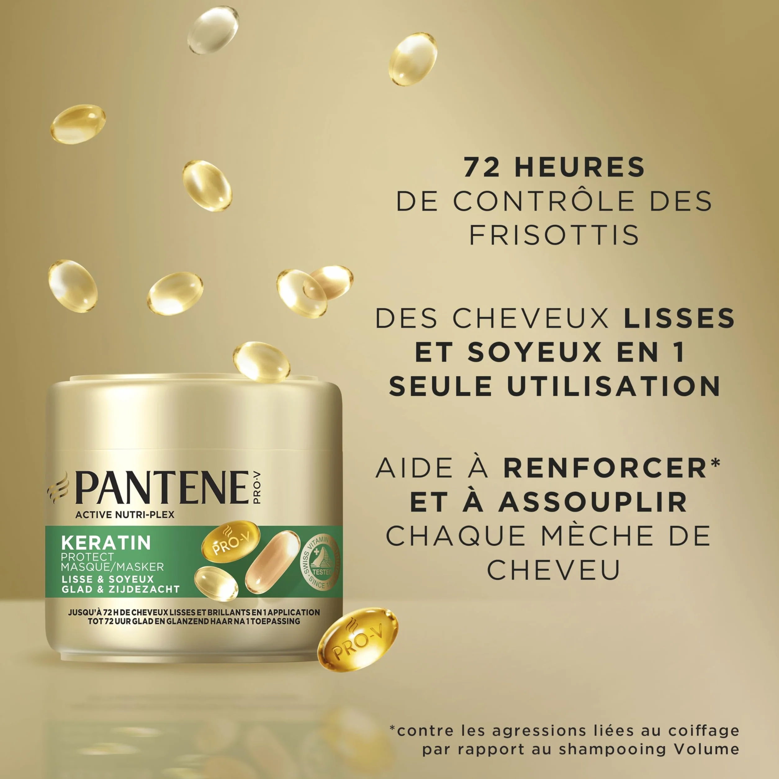 Pantene Pro-V Lisse & Soyeux Masque Keratin Protect 300ml Cheveux Frisés Secs 72h Lisses Brillants
