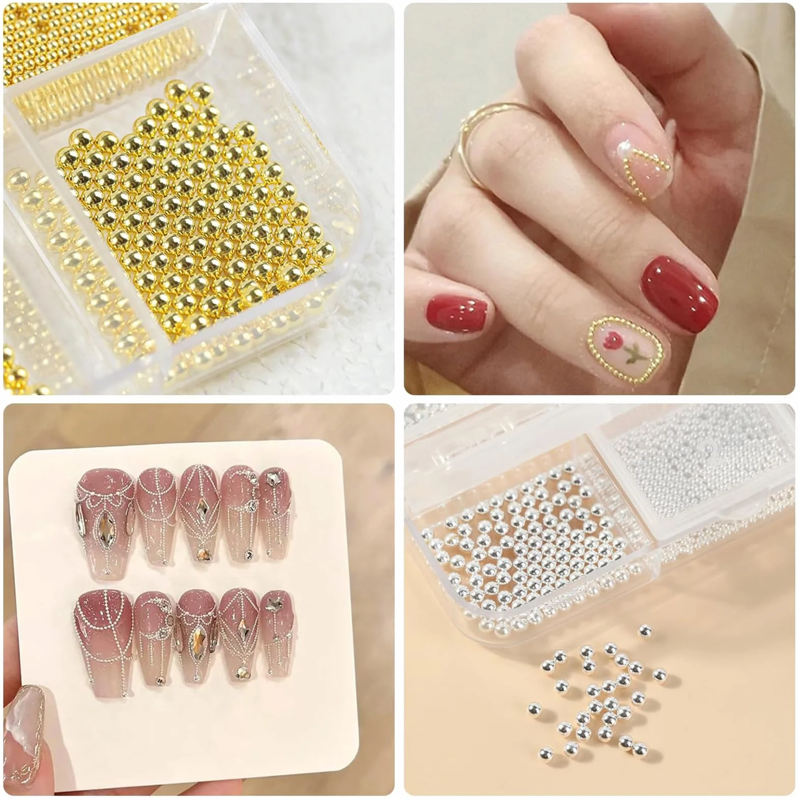Perles caviar pour ongles, 12 degrés or et argent, chaînes d'ongles, accessoires nail art
