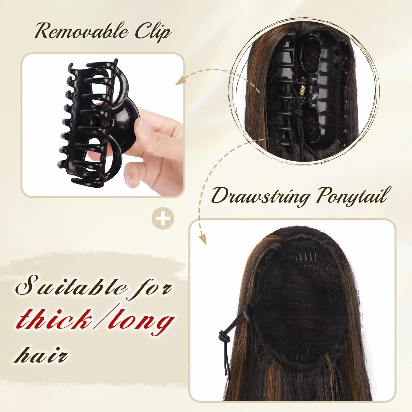 FESHFEN Queue de Cheval Lisse Pince - Postiche Cheveux Naturel Longue Raides Postiches Brun Foncé et Auburn Clair Synthétique Fausse Claw Clip Ponytail Extensions pour Femmes, 63 cm