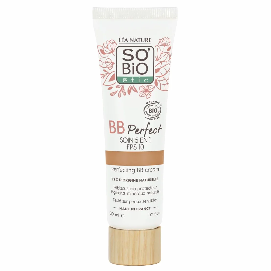 LÉA NATURE SO BiO étic| BB Crème 5 en 1 certifiée Bio - Perfect | Médium | Hydrate – Unifie – Lisse – Révèle l’éclat – Protège la peau | Hydrolat d'hibiscus bio| SPF 10 | Vegan | Made in France|30 ml