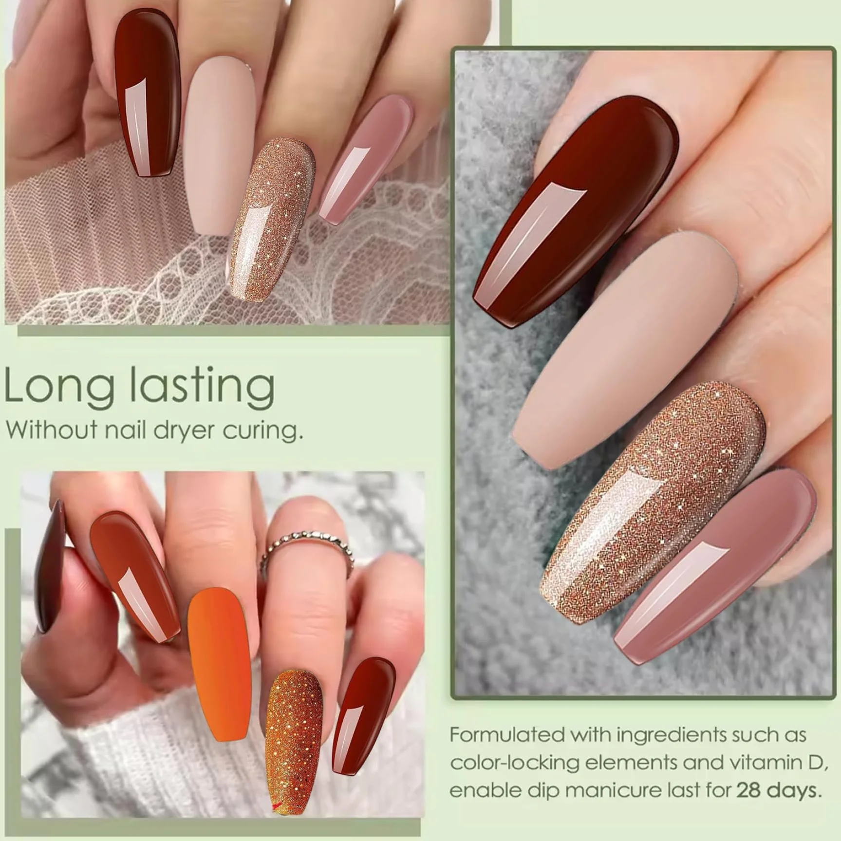Kit de poudre de trempage pour ongles 10 pièces, 4 couleurs avec activateur base/couche finition, marron