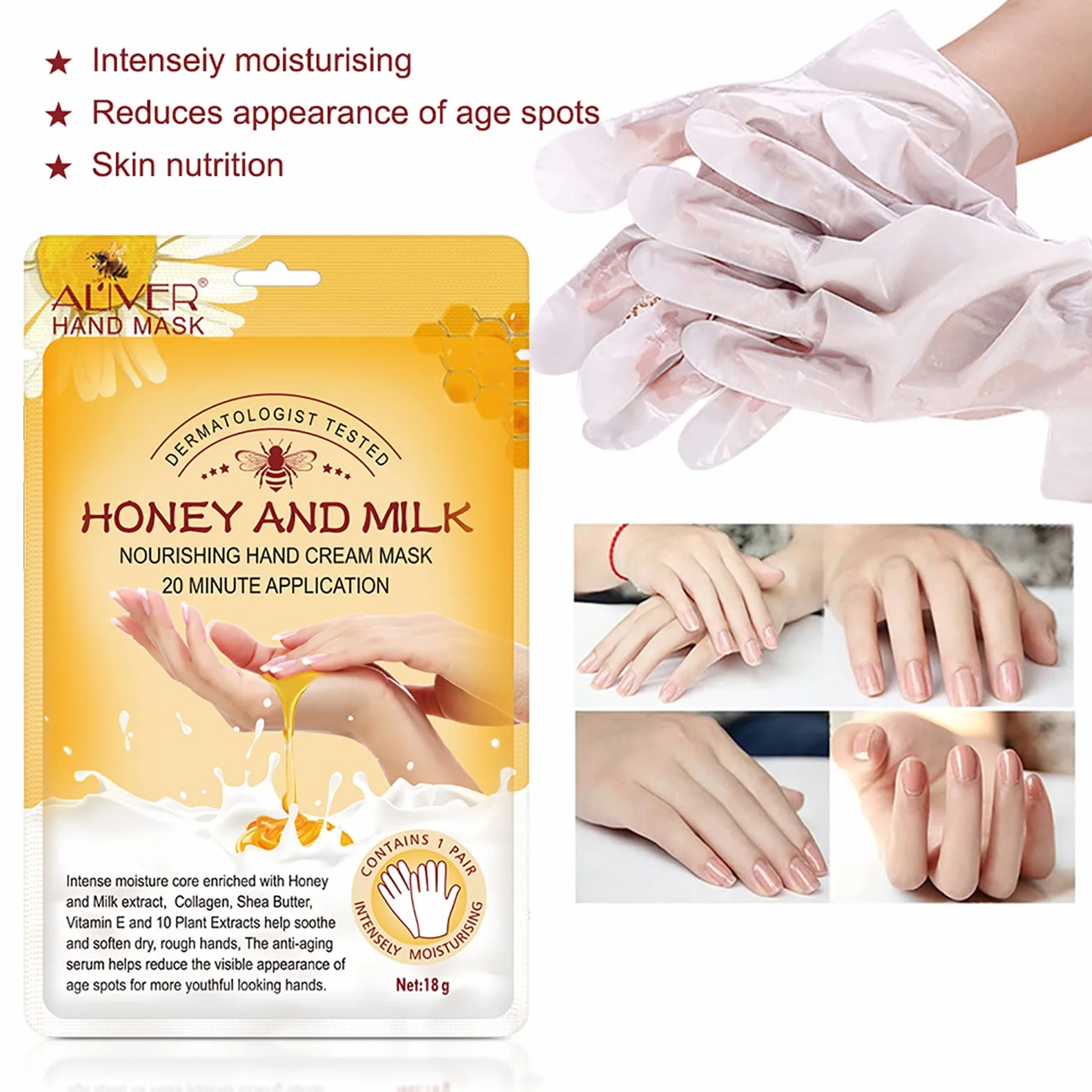 Masque pour Mains Lait au miel Gants Hydratants Peaux Sèches Nourrissante Anti-âge Blanchissant 5 Paires