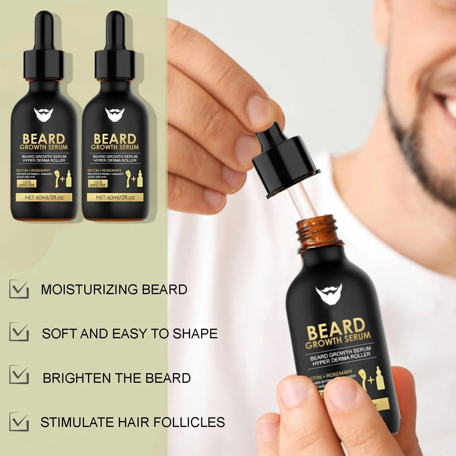 Huile de Croissance de Barbe avec Rouleau, Kit 2 Pièces pour Homme