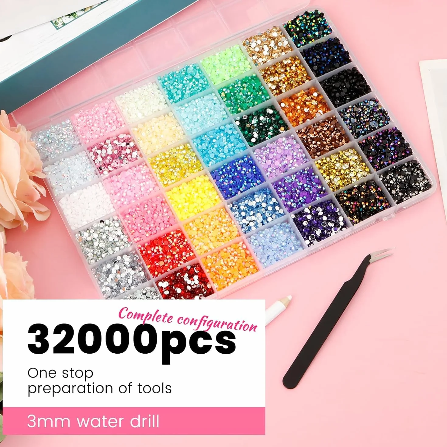 Bedazzling Kit 32 000 Pièces Strass 3mm Dos Plat avec Pince à épiler et Stylo pour Vêtements