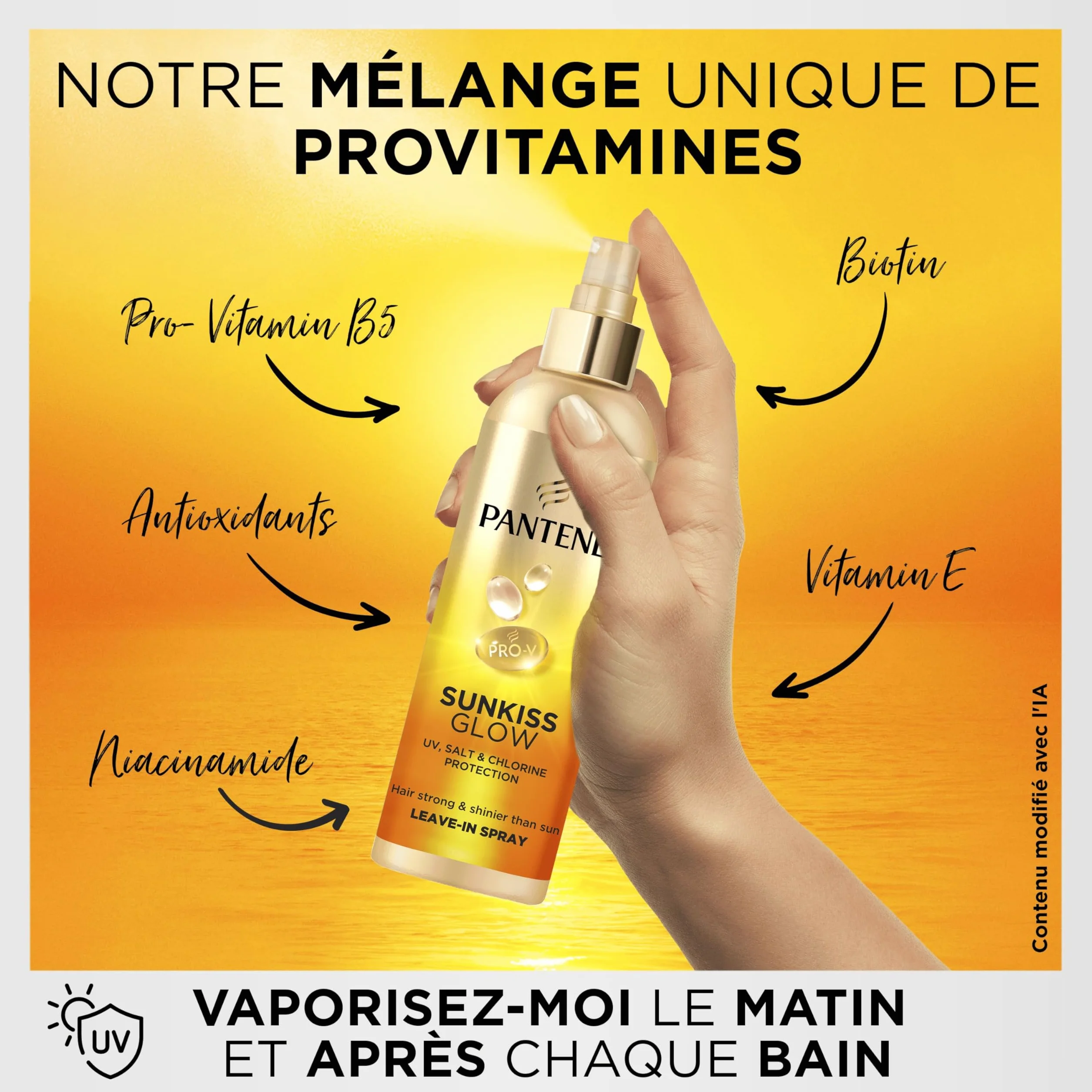 Pantene Pro-V Sunkiss Glow Spray sans rinçage 200ml protecteur UVA UVB sel chlore nourrissant démêlant cheveux forts brillants
