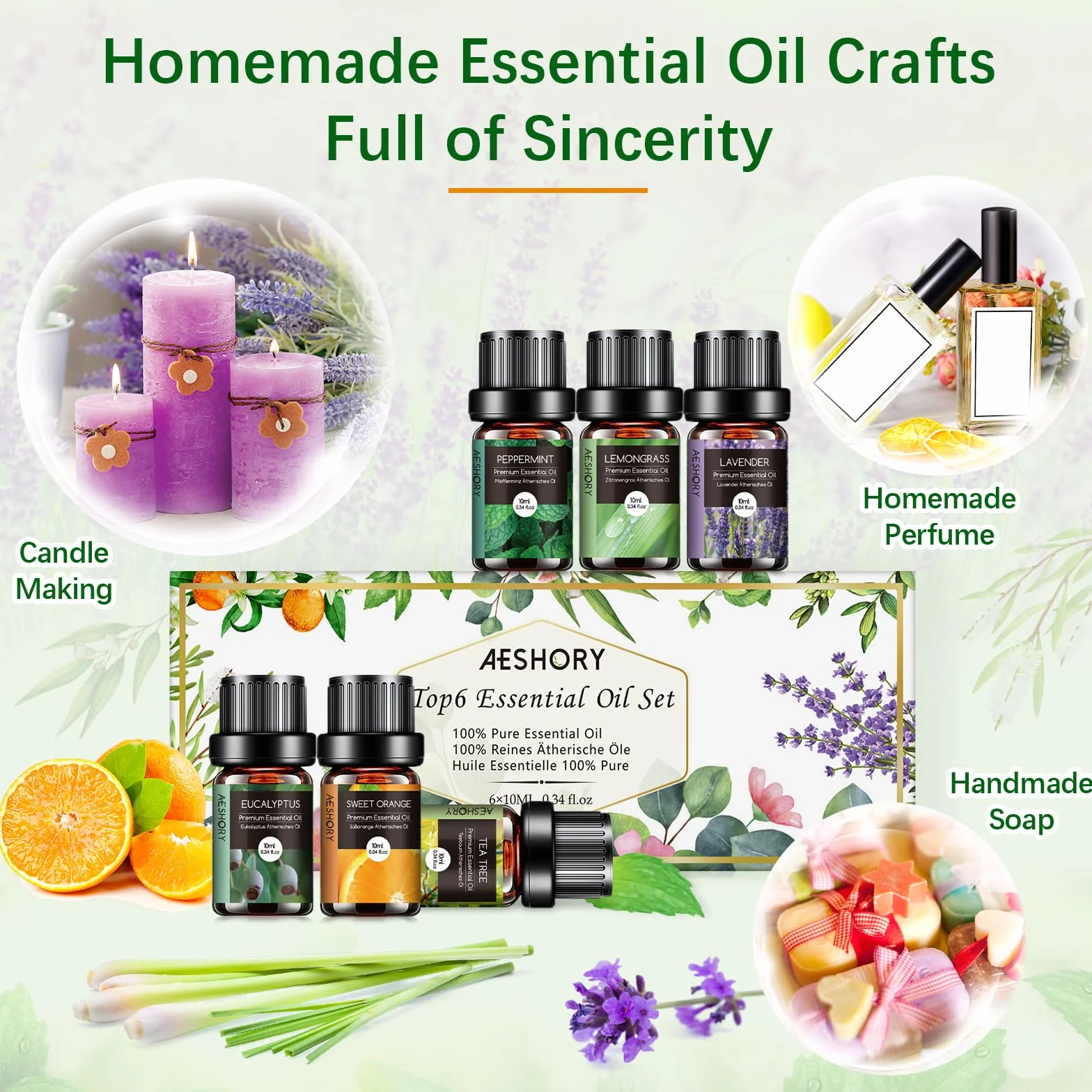 Kit Huiles Essentielles 6 x 10ml Aromathérapie Lavande Orange Douce Menthe Poivrée Arbre à Thé Citronnelle Eucalyptus