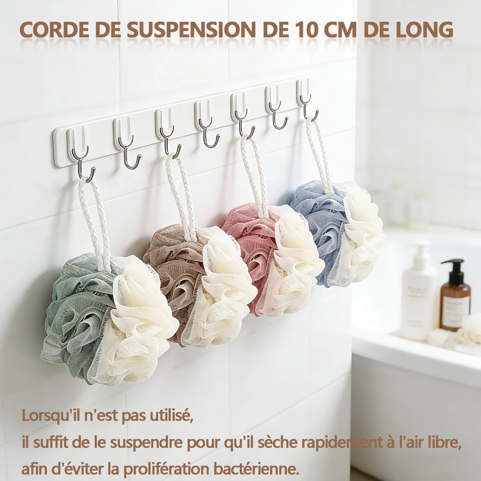 Lot de 4 éponges de douche exfoliantes en maille bicolores, loofah mesh sponge