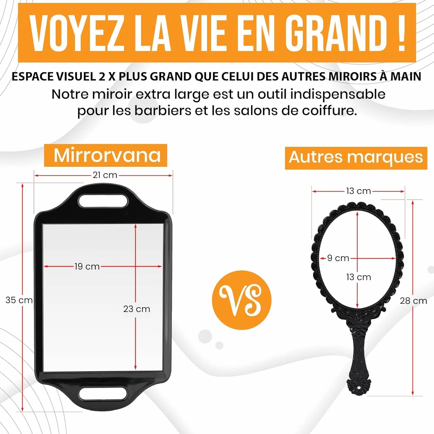 Mirrorvana XL Miroir à Main Professionnel 35 cm x 21 cm Noir pour Barbier et Salon de Coiffure