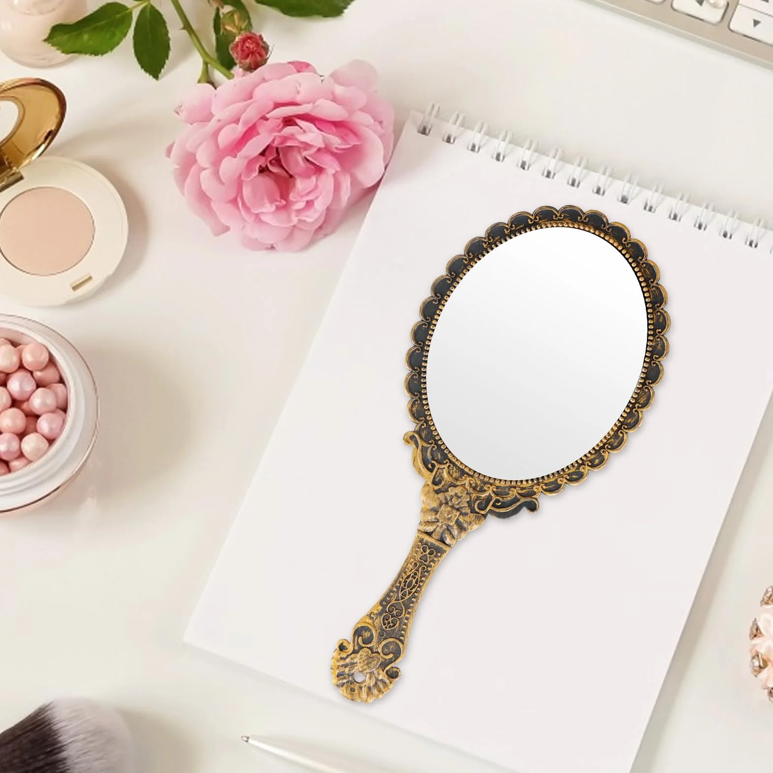 Amexo Miroir Vintage Poche Voyage Main Maquillage Ovale Femmes Beauté Bronze