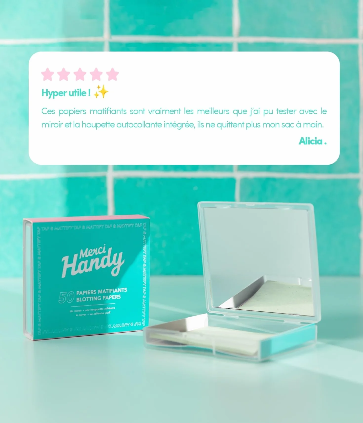 Merci Handy Papiers Matifiants 50 Feuilles Miroir Houppette Retouche Quotidienne Absorption Instantanée