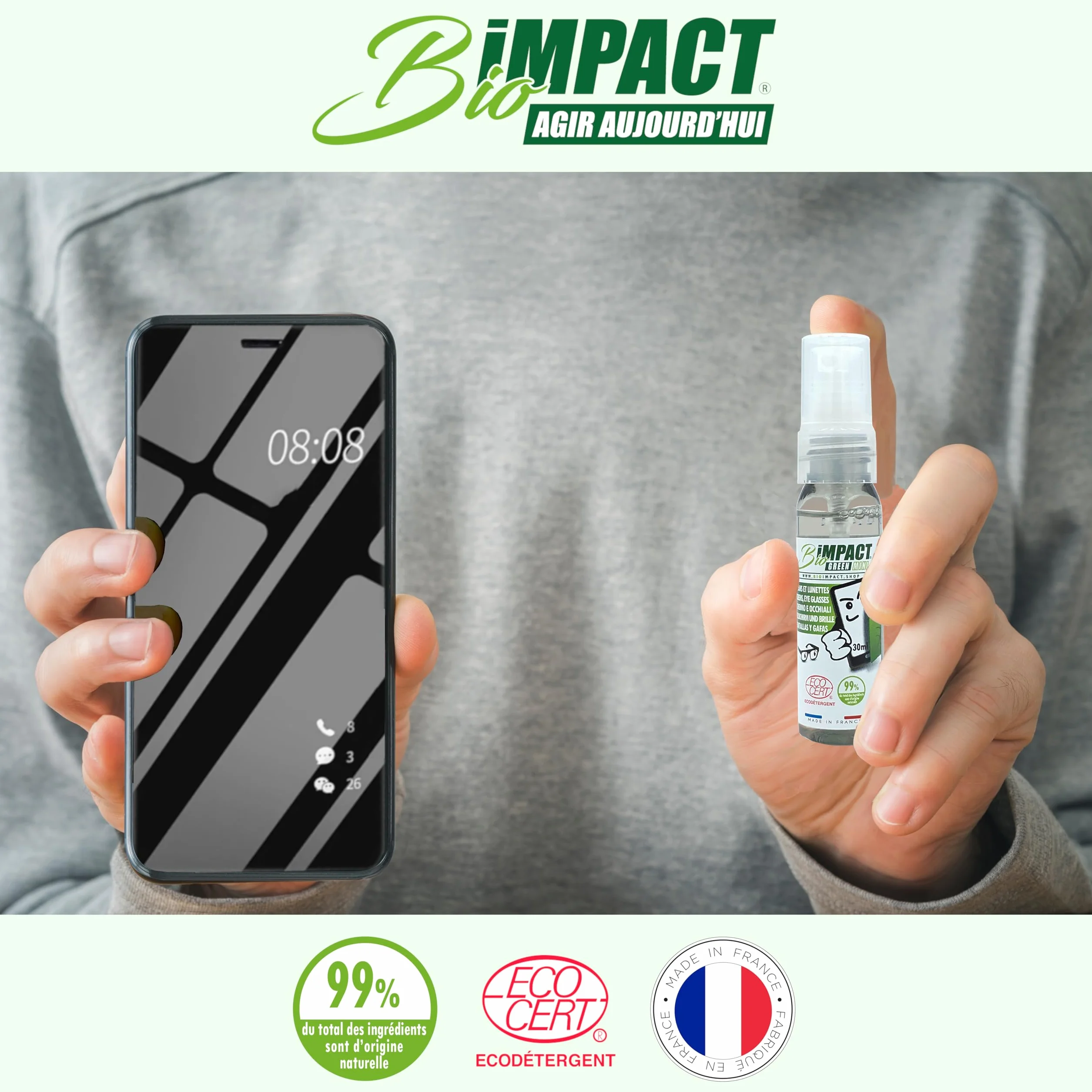 Nettoyant écran Smartphone et Lunettes 30ml 99% Naturel certifié ECOCERT