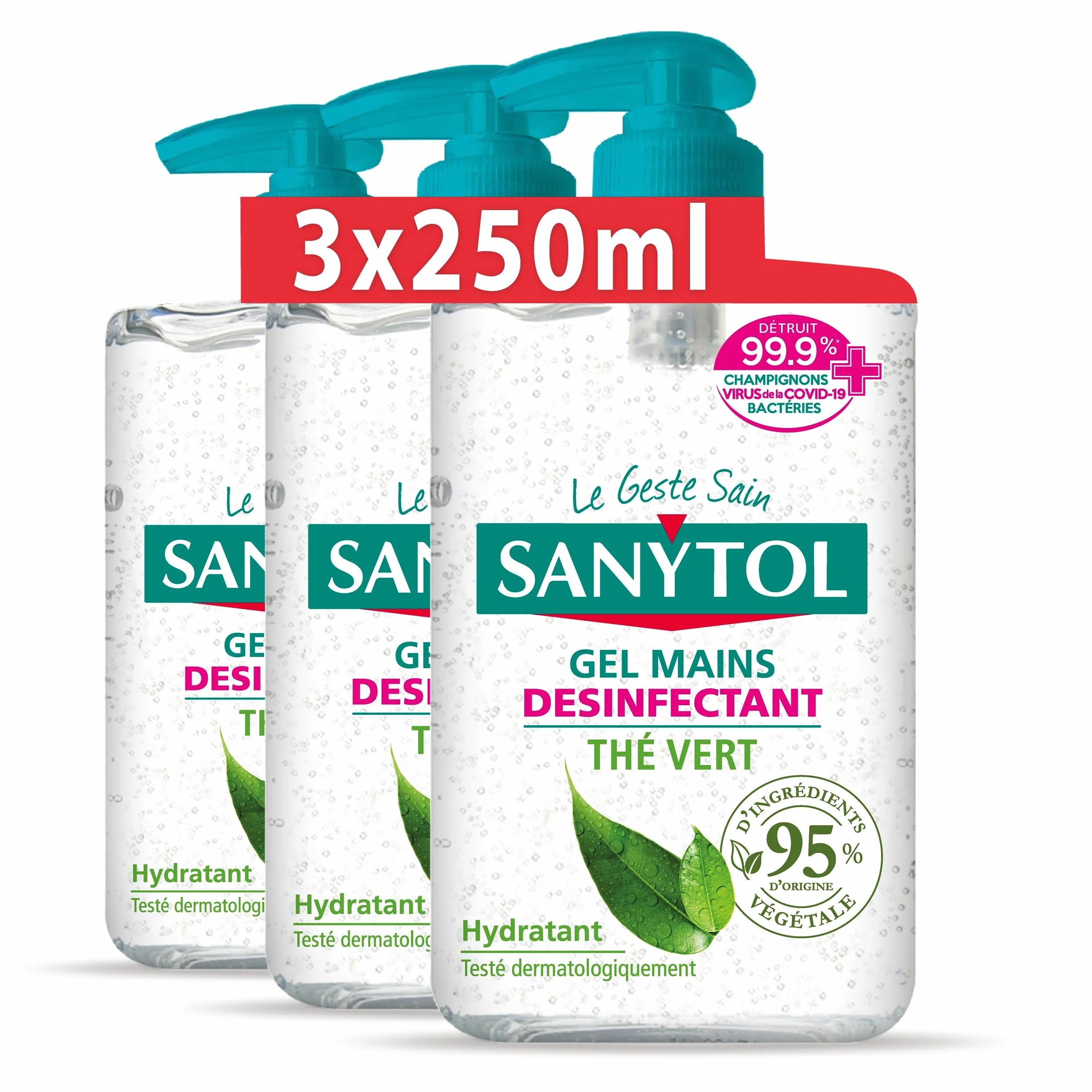 Sanytol Gel Mains Désinfectant Thé Vert 250 ml Lot de 3 Bactéricide Virucide Fongicide