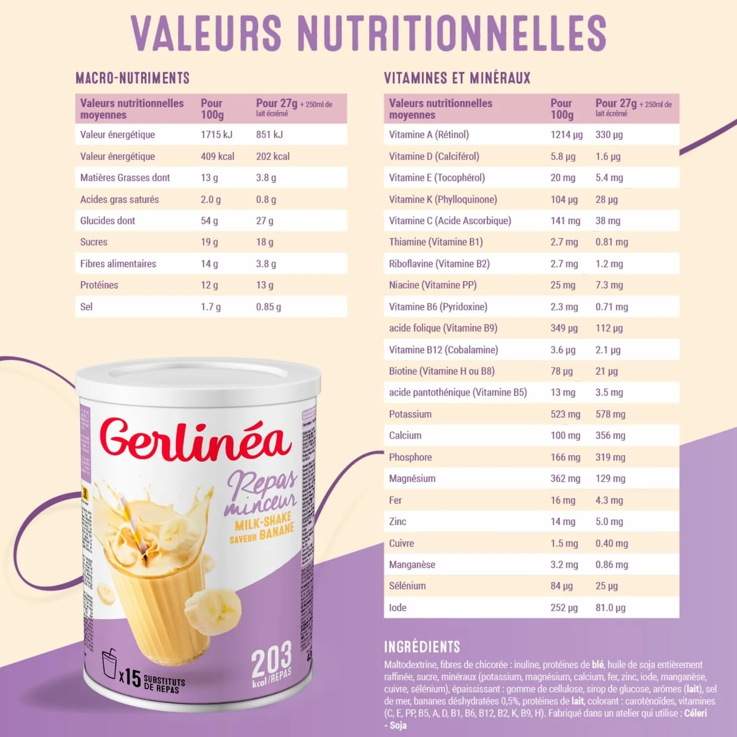 GERLINÉA Boisson Milkshake Banane Substitut de Repas Minceur Riche en Protéines 15 repas 436 g