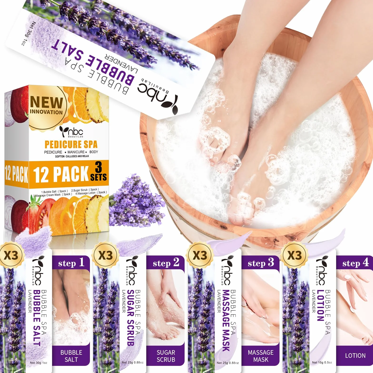 Kit de trempage des pieds : sel bulle, gommage au sucre, masque de massage, lotion de massage dans une boîte, kit spa 4 étapes pour pieds secs, adoucit les callosités, pieds fatigués (3