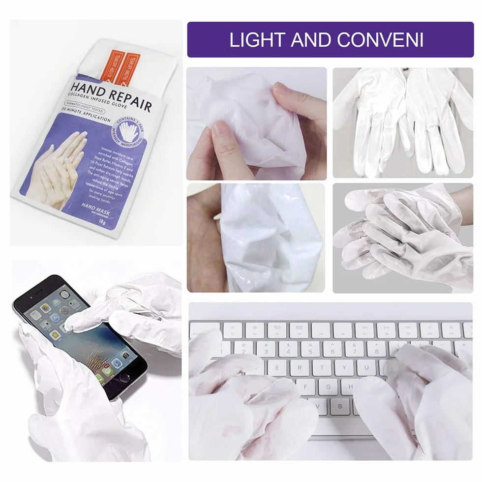 Gants Hydratants pour Mains avec Collagène, Sérum et Vitamines, 5 Paires, Lavande, Blanchissant Anti-âge