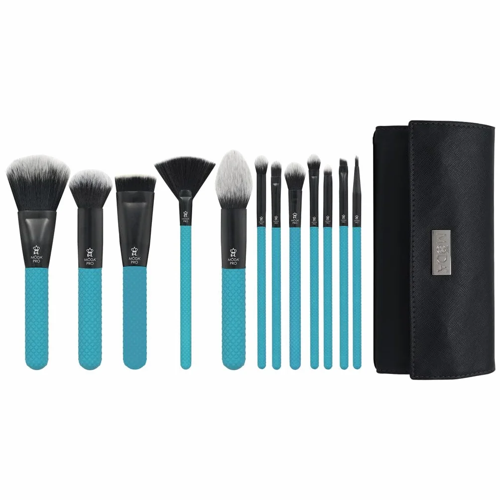MODA Lot de 13 pinceaux de maquillage Pro avec pochette de voyage (bleu sarcelle)