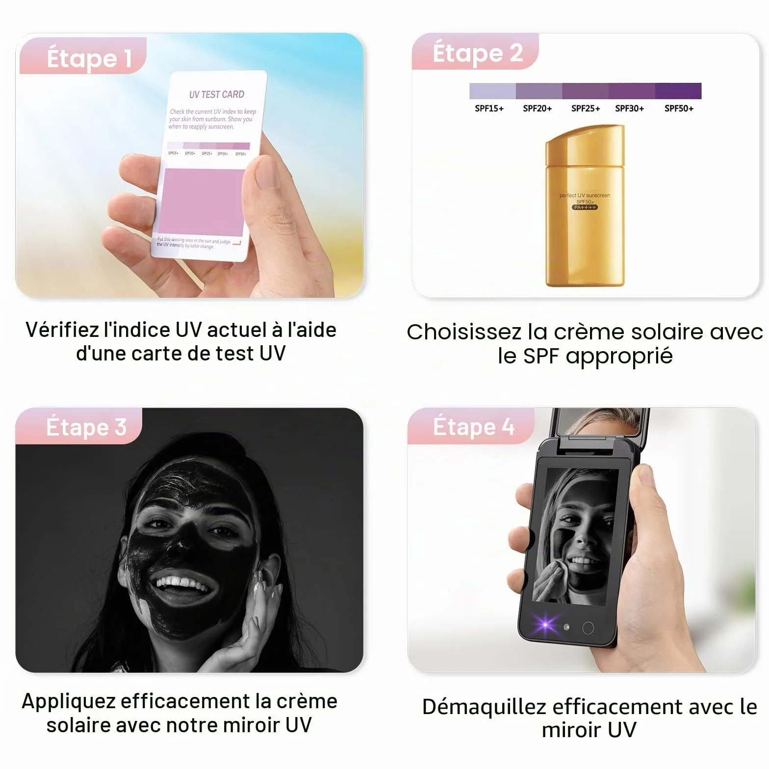 Miroir UV compact et portable, miroir de courtoisie de 10,2 cm avec caméra UV pour tester la crème solaire, miroir de maquillage de voyage rechargeable, miroir de poche double face pour la protection