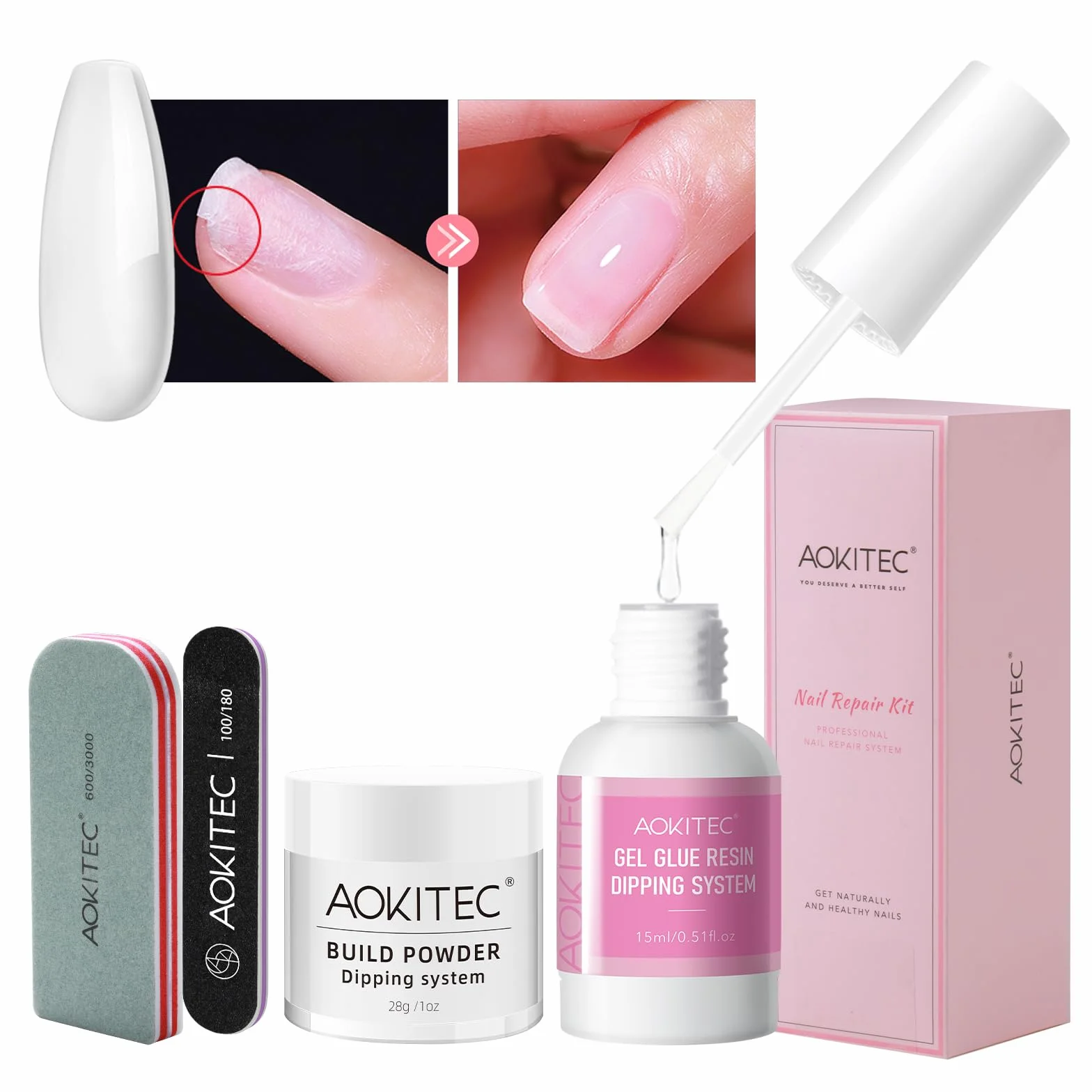Aokitec Kit de poudre Dip Build 28 g avec colle de réparation pour ongles naturels cassés, séchage rapide à l'air libre
