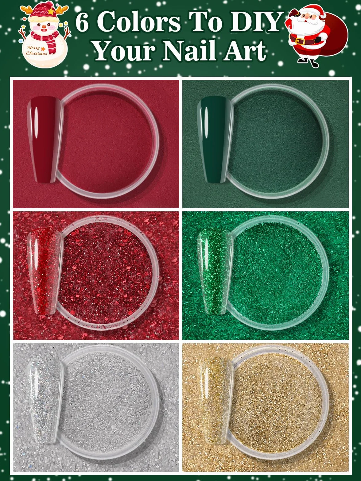 EBANKU Kit Poudre à Tremper Noël 15 pièces 6 couleurs avec Liquide Activateur Base/Couche Finition Brosse Manucure
