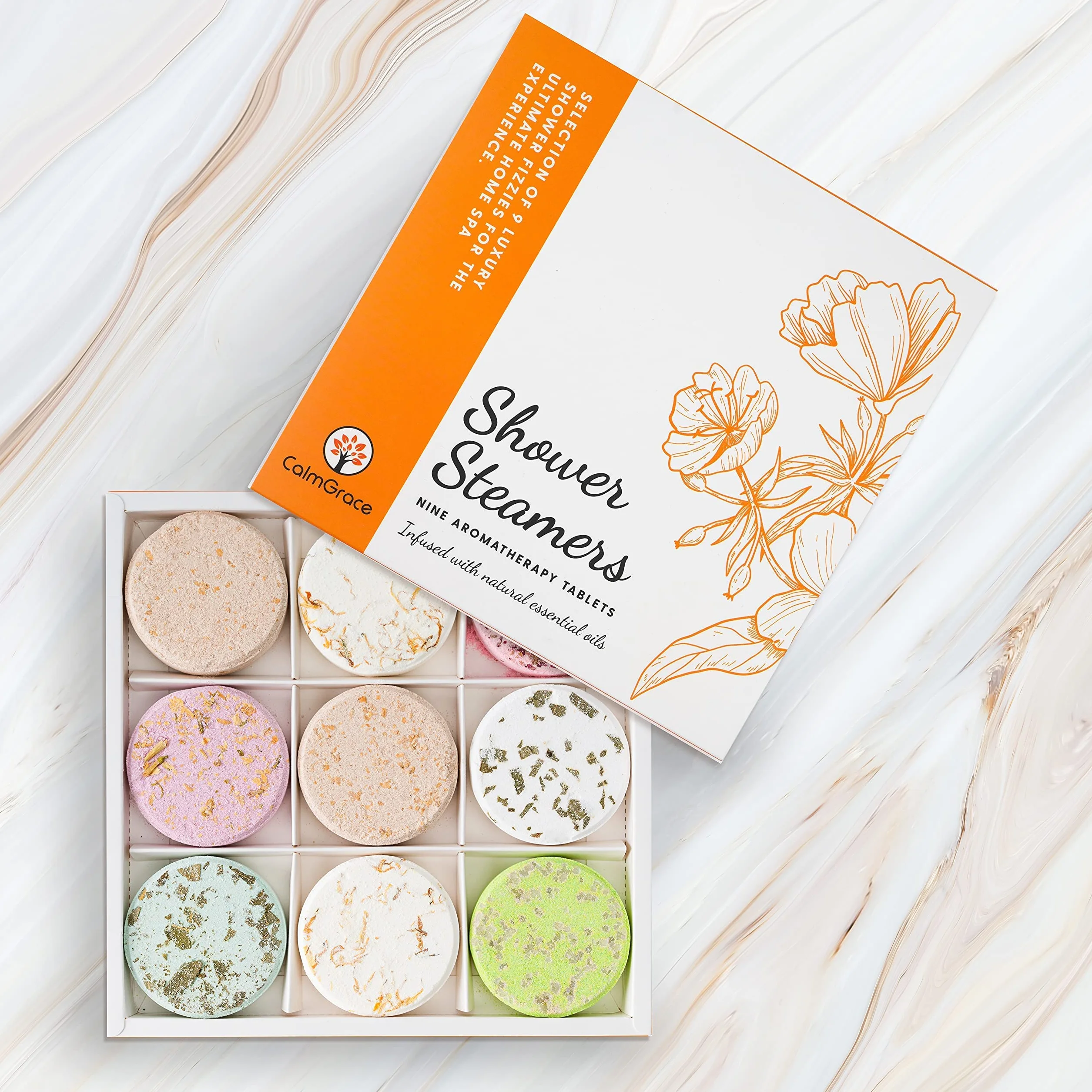 CalmGrace Ensemble de bombes de bain à vapeur, tablettes d'aromathérapie, set de 9 bombes de bain | Boules de bain pour femmes en cadeau pour Noël | Ensemble de diffuseur de vapeur pour la douche avec