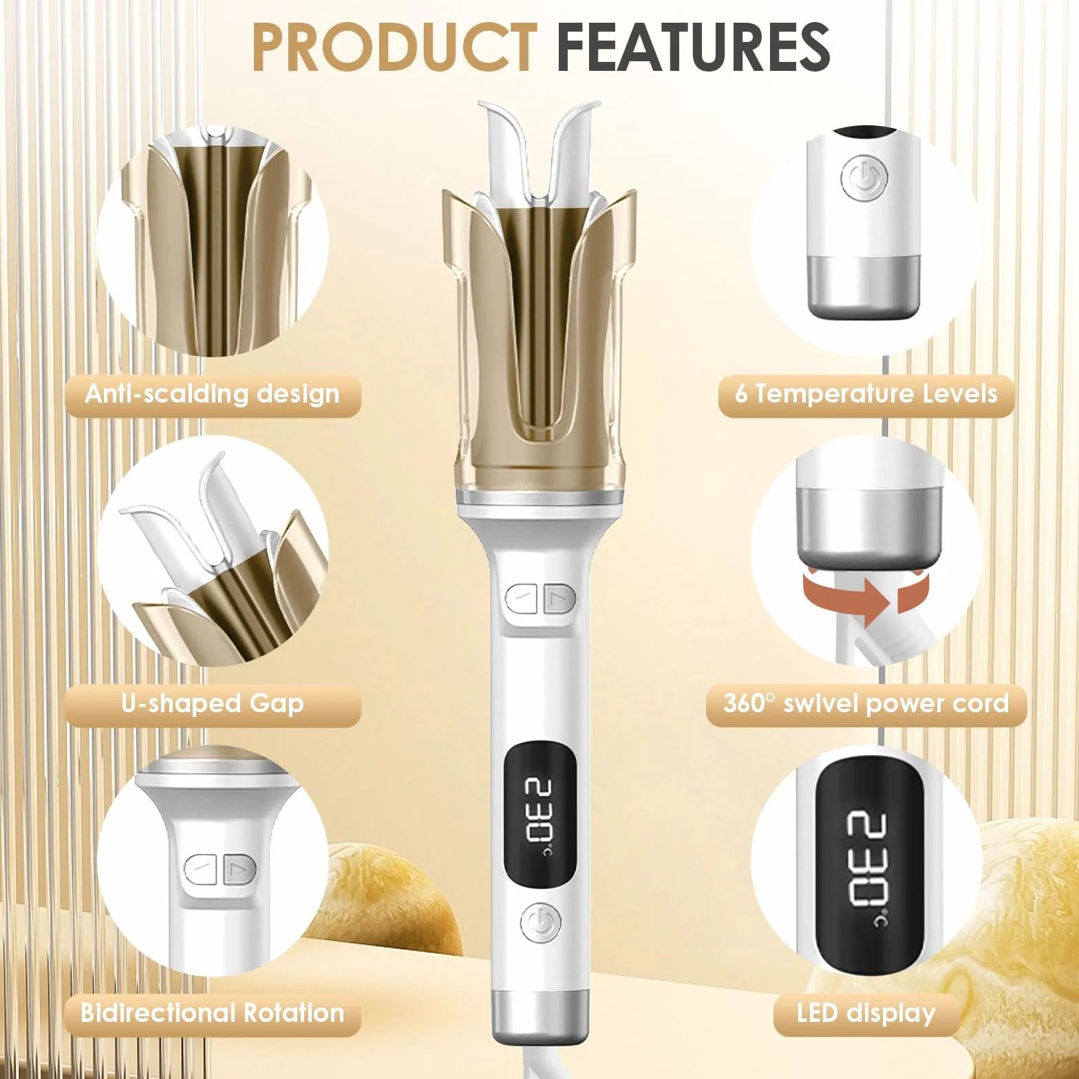 Fer a Boucler Cheveux Automatique, Fer a Friser avec 6 Réglages de Température avec LCD Écran, Friseur Cheveux Femme, Boucleur Céramique pour Cheveux Longs/Courts (Blanc)