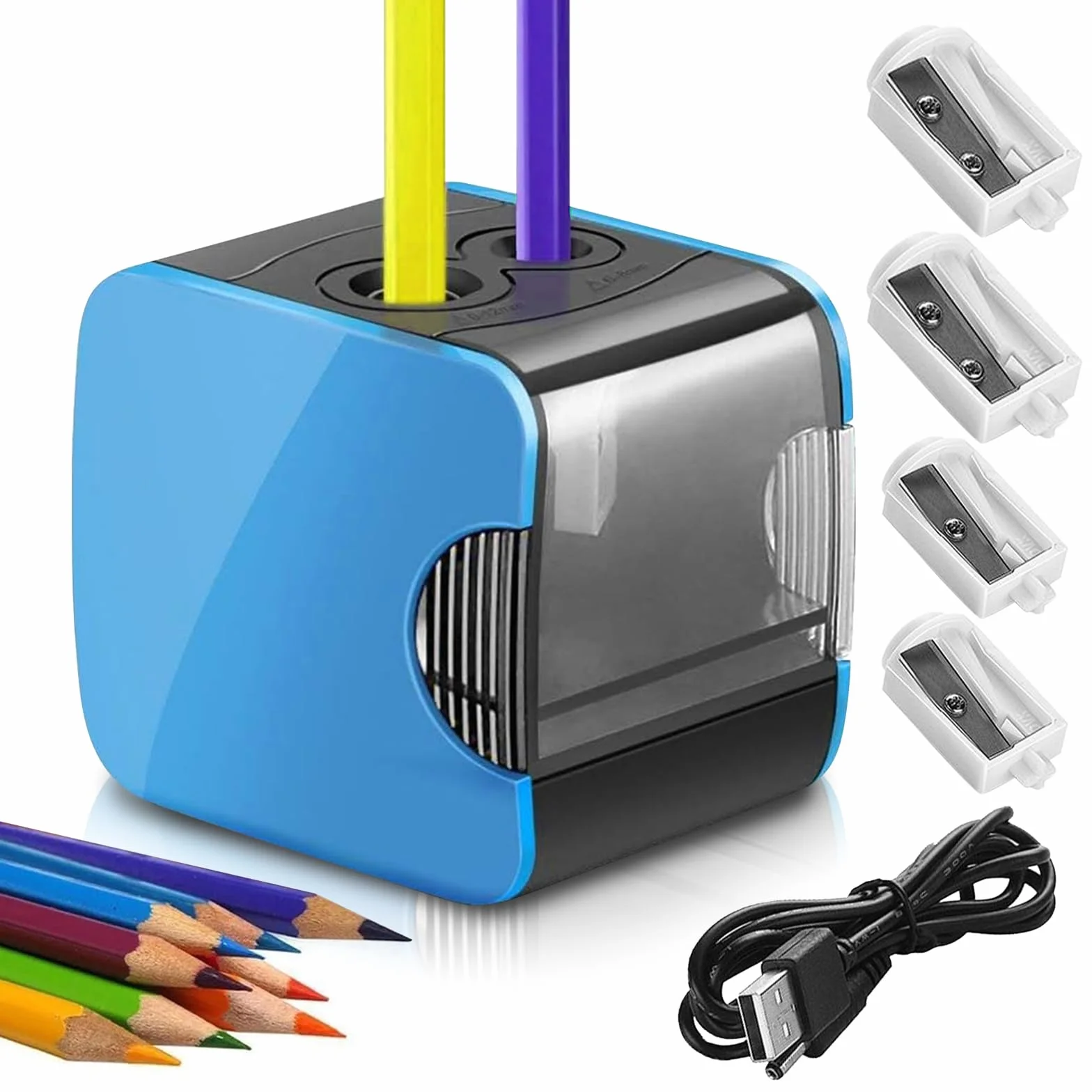 Taille Crayon Electrique 2 Trous 6-12mm, Alimenté par Batterie et USB, avec 4 Lames de Rechange
