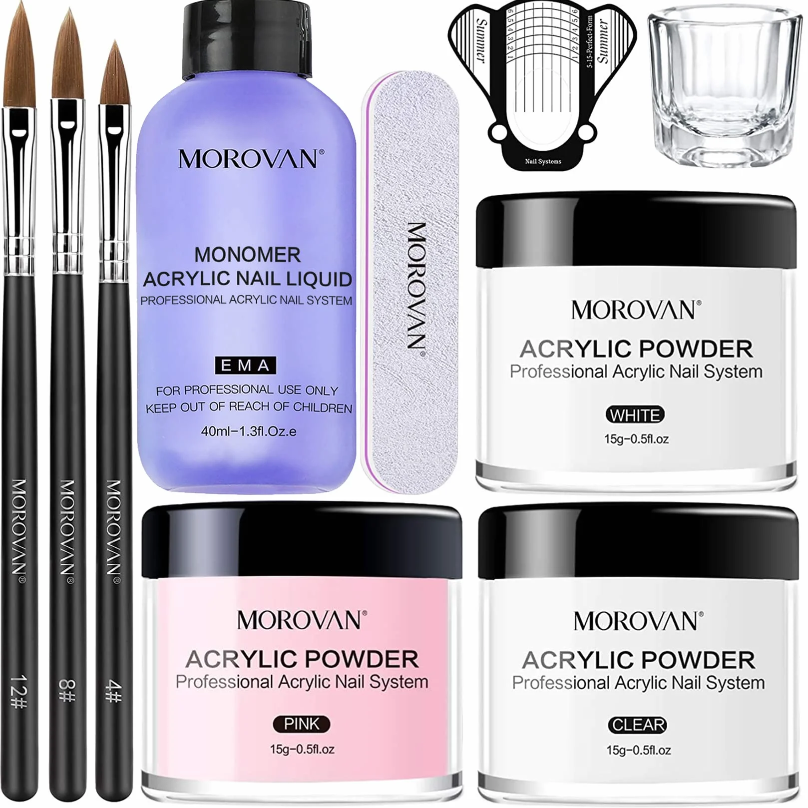 Morovan Kit Poudre Acrylique pour Ongles 3 Couleurs 3 Pinceaux Professionnels Débutants Art de l'Ongle