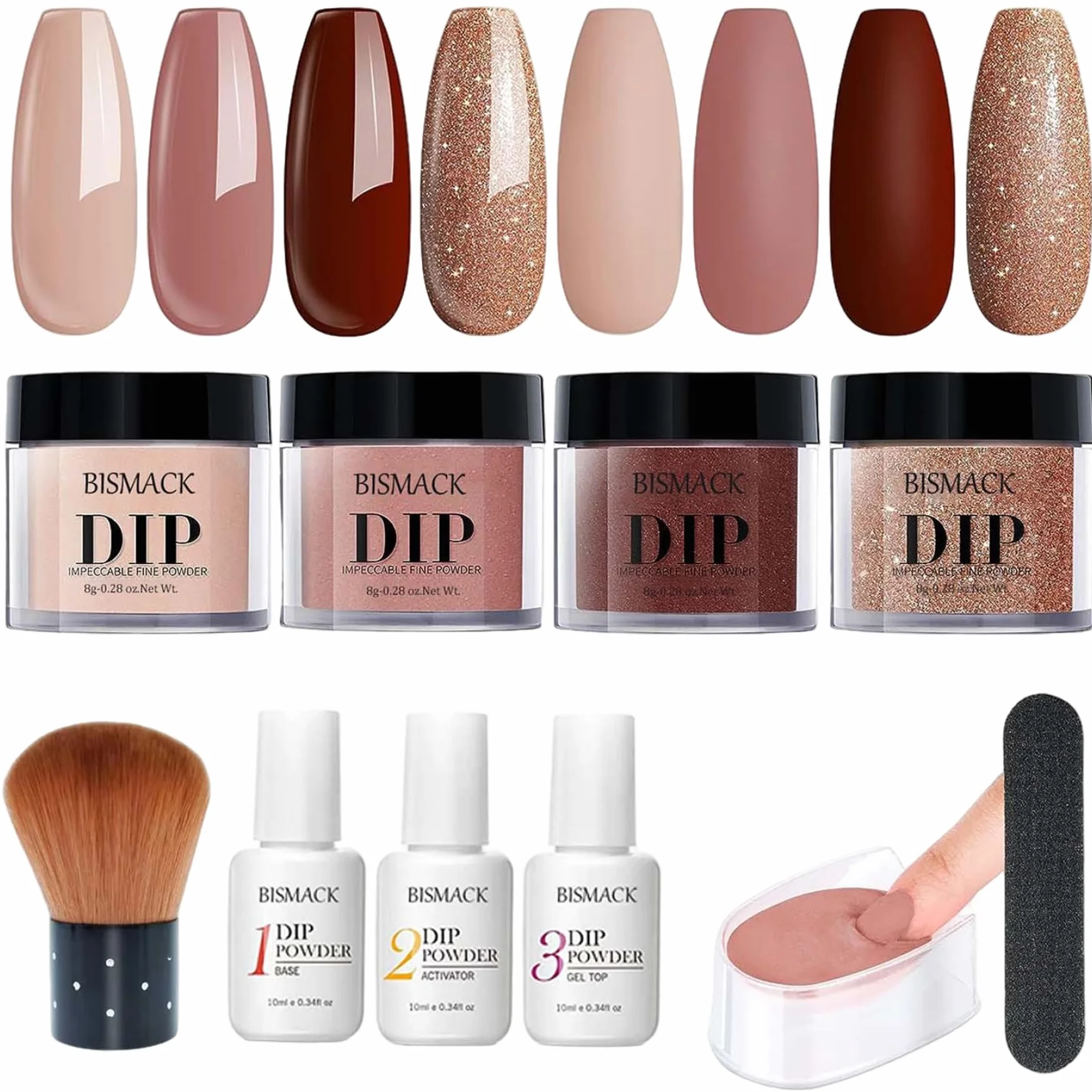Kit de poudre de trempage pour ongles 10 pièces, 4 couleurs avec activateur base/couche finition, marron