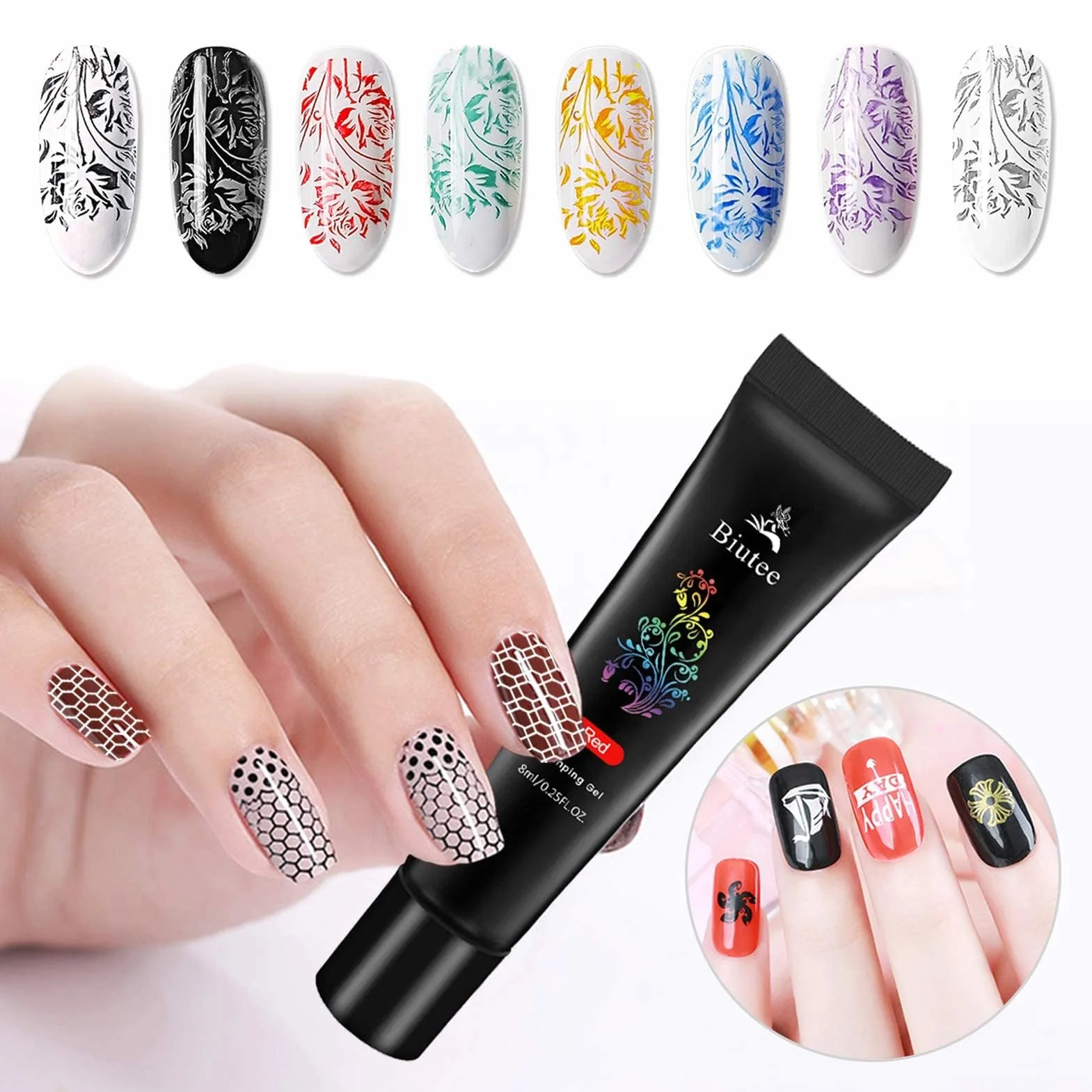 Biutee Set de Stamping Nail Art Tampon Kit d'estampage d'ongles avec 8 couleurs de vernis ongle stamping gels avec 5 plaques d'impression