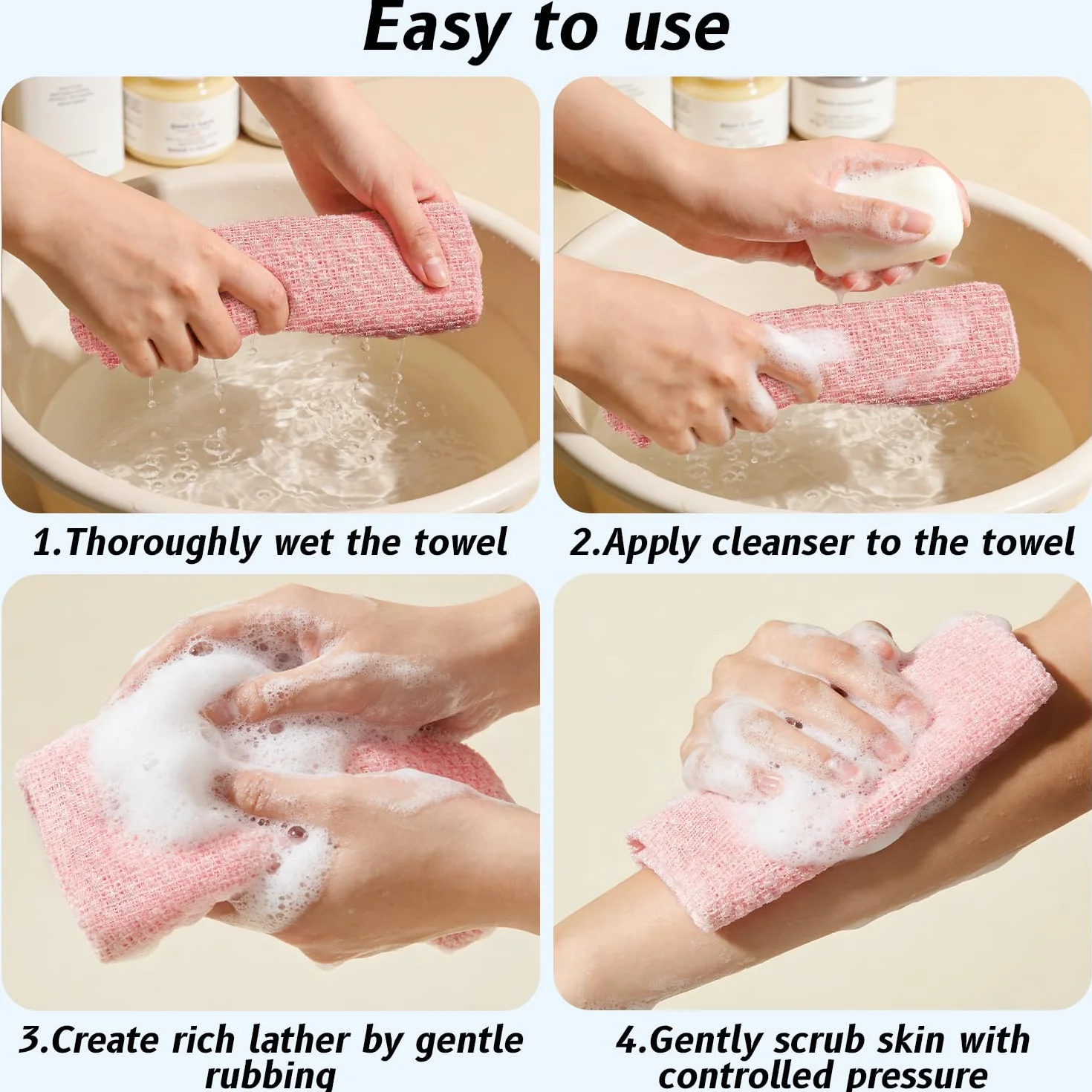 Serviette Exfoliante en Maille Longue 25 x 100 cm pour le Dos Hommes Femmes Noir Rose