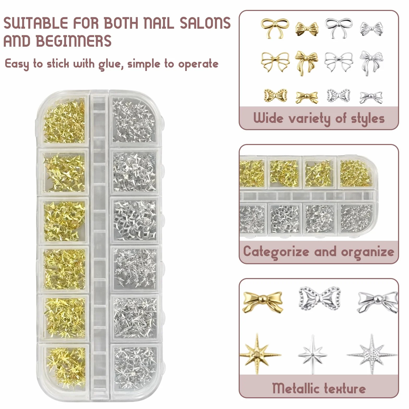 Kit Nail Art Strass Ongle Lot de 3 Boîtes 36 Types Étoile Dorée Argentée Perles Pince à Épiler