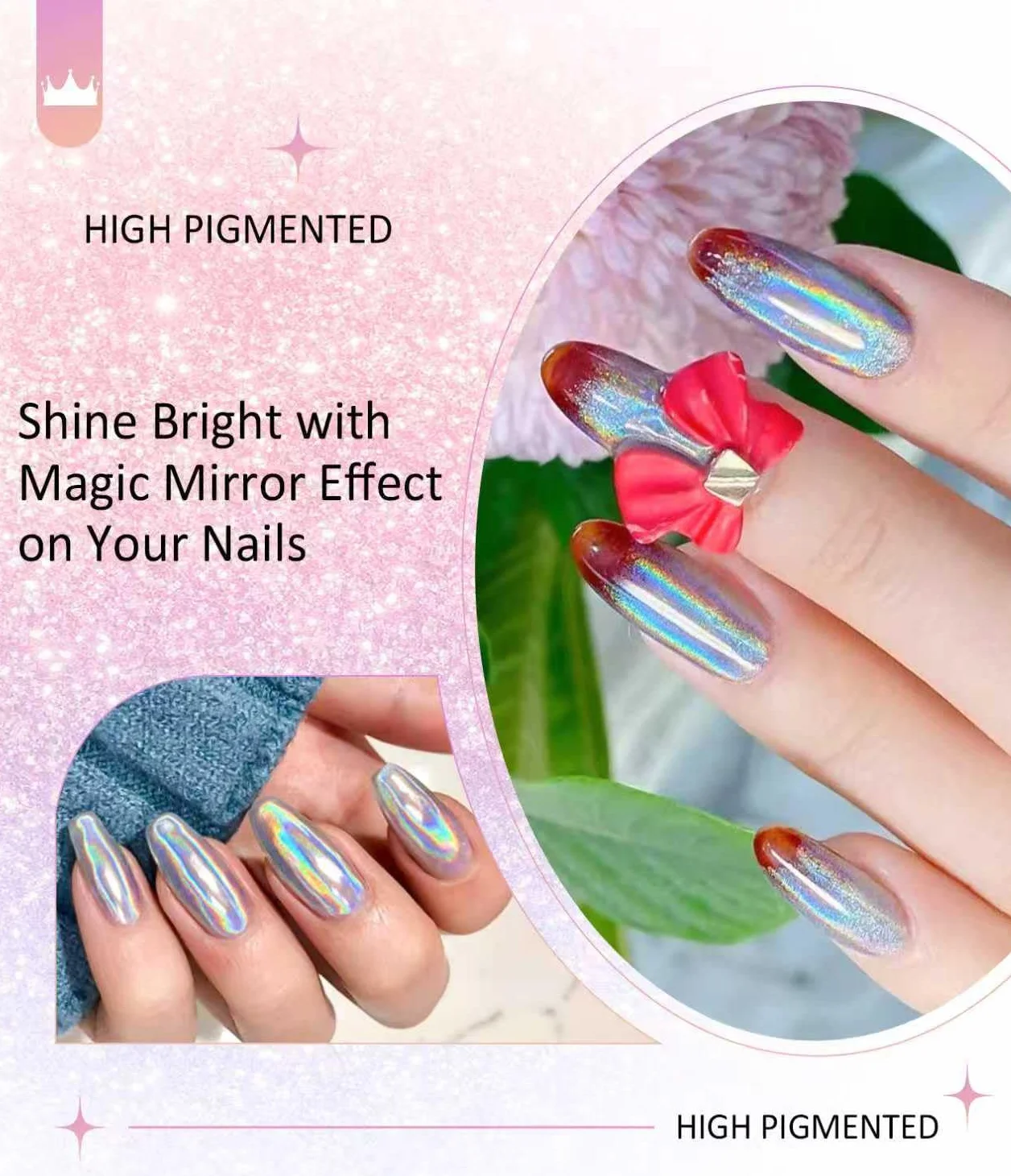 Poudre Chrome Ongle Argent BISHENGYF Miroir Effet Holographique 2PCS Nail Art