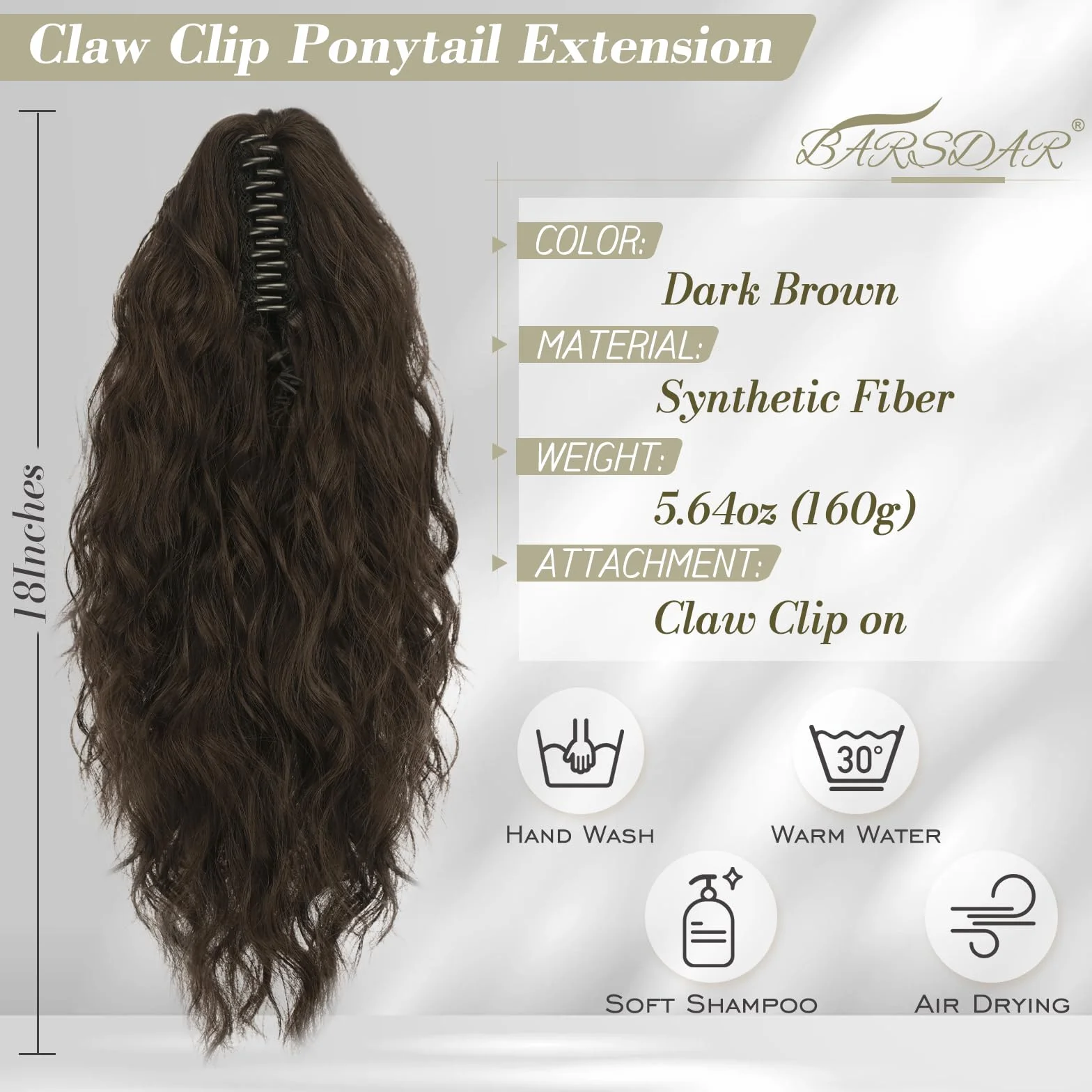 BARSDAR Extensions de cheveux synthétiques à clipser pour queue de cheval - 45,7 cm - Cheveux bouclés et ondulés - Pour tous les jours - Brun foncé