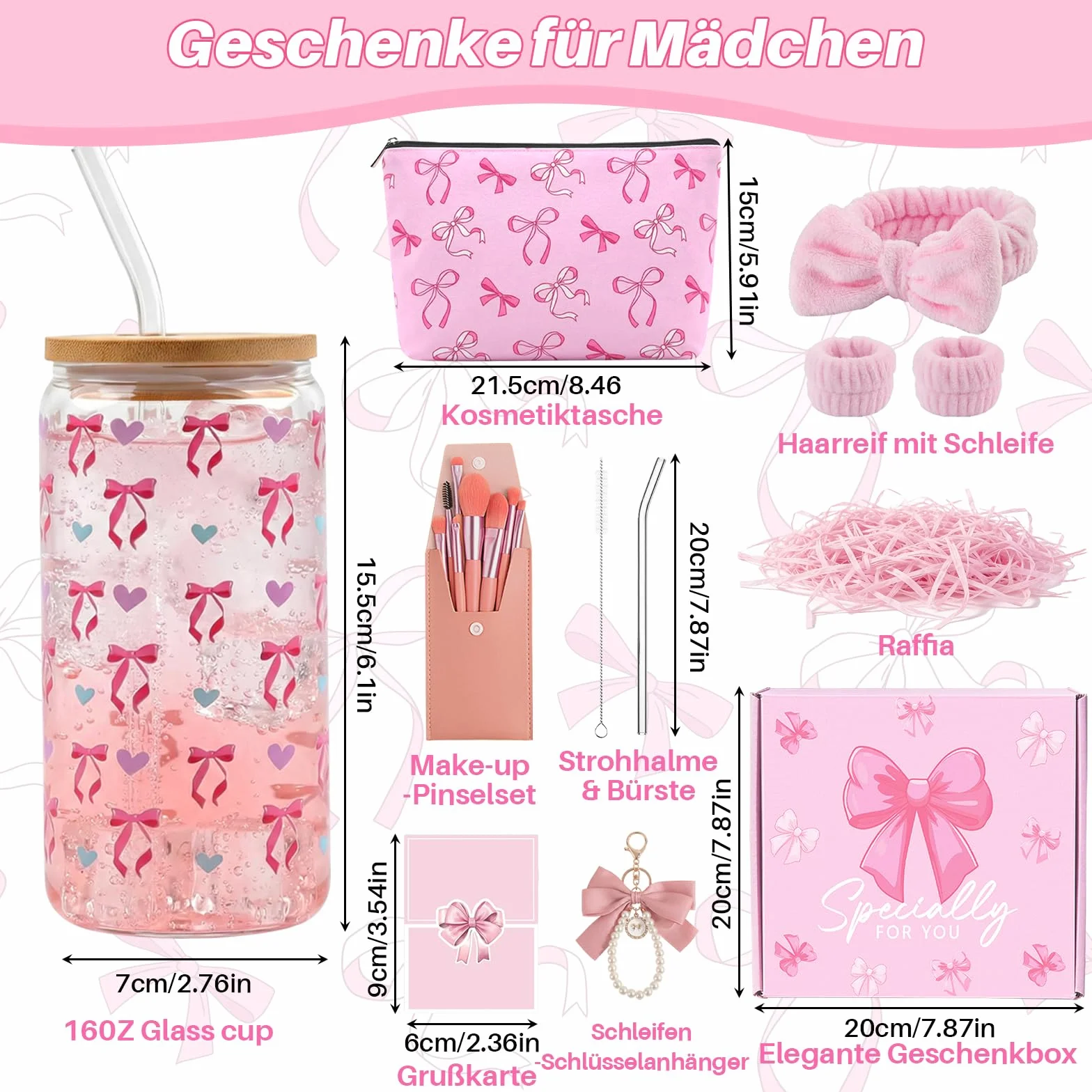 Cadeaux pour Filles de 9 10 11 12 13 14 15 16 Ans,Coffret Cadeau Femme,Anniversaire Fille Trousse, Verre, Pinceaux Maquillage Bandeau, Carte