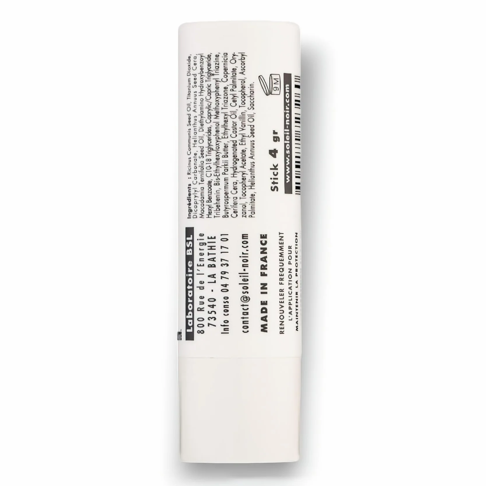 Stick Lèvres Blanc SPF 30 Haute Protection Solaire Soleil Noir Huile de Macadamia Beurre de Karité 4g