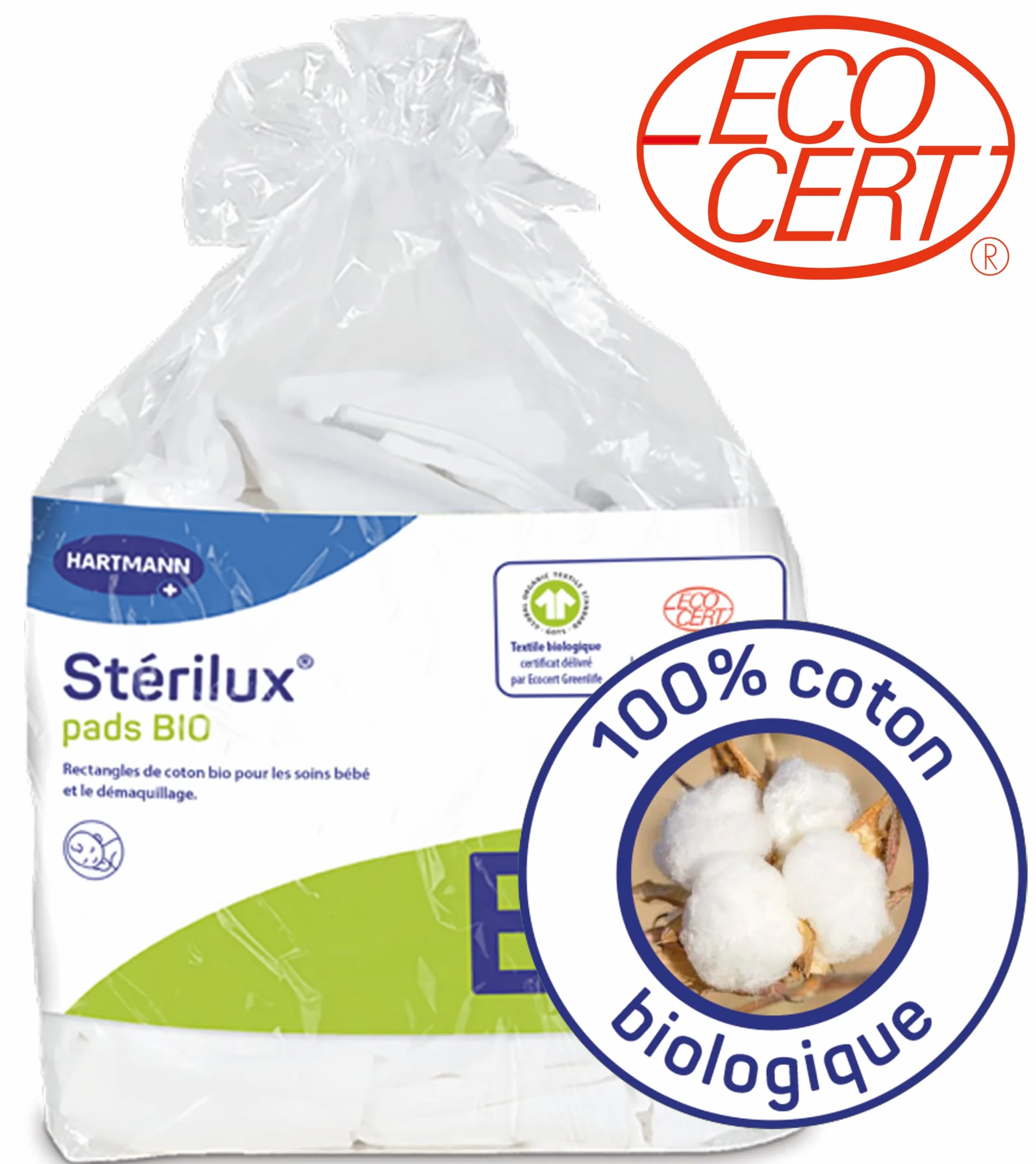 Sterilux Pads BIO Rectangles De Coton Biologique 7,5 x 9,5 cm 160 Unités
