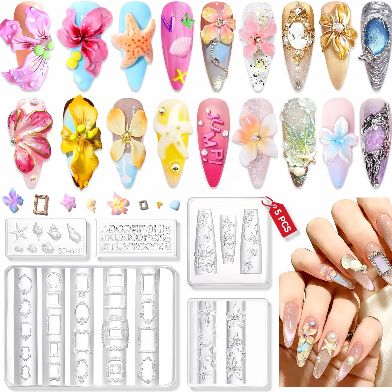 SAVILAND 4PCS Moules Silicone pour Nail Art 3D Fleurs Moules à Charmes d'ongles pochoirs de stamping pour ongles pour Manucure DIY