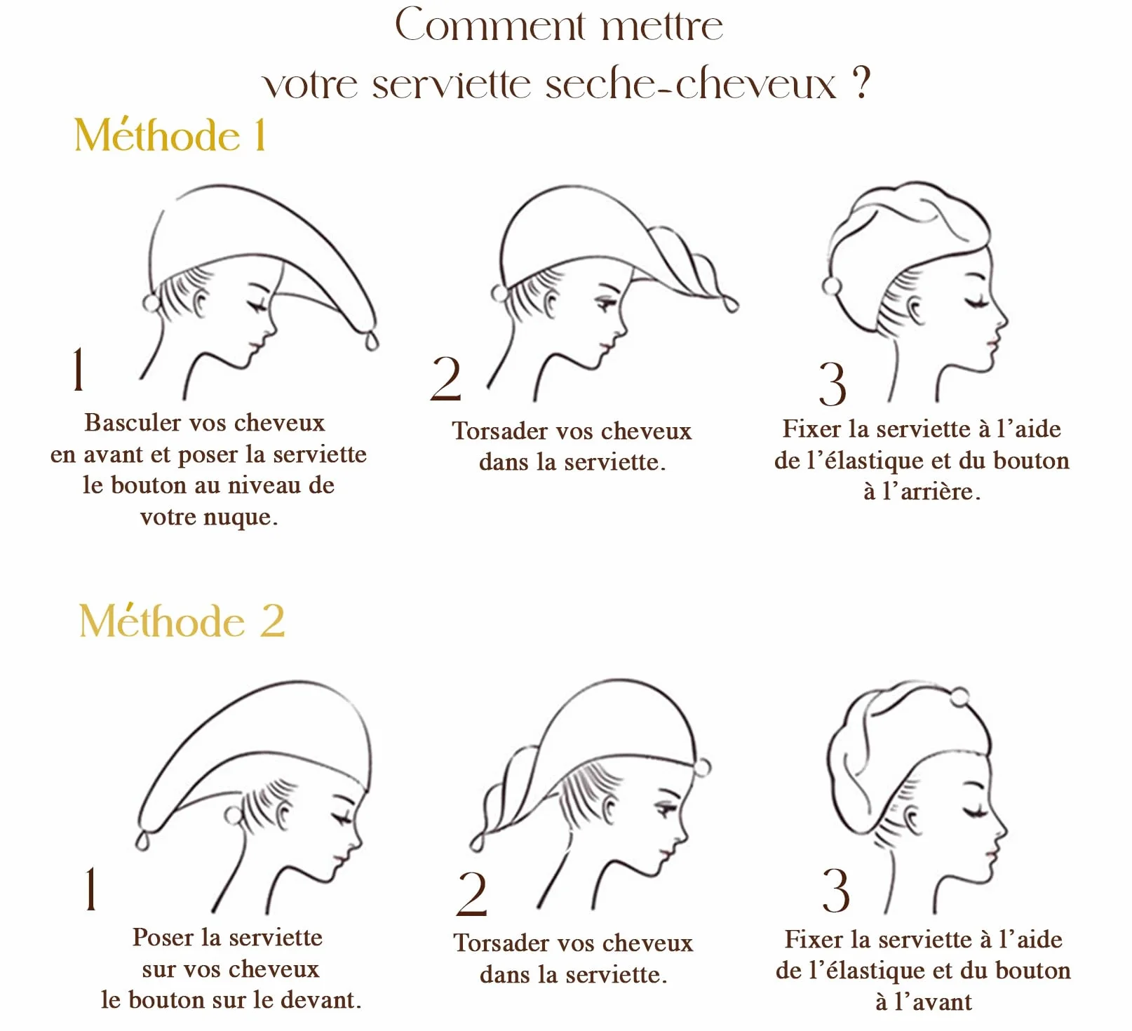 Serviette Cheveux Micro-éponge Bambou x2 - Absorbante Douce Séchage Rapide Turban Fixation Bouton Fabrication française Ecru Cappuccino