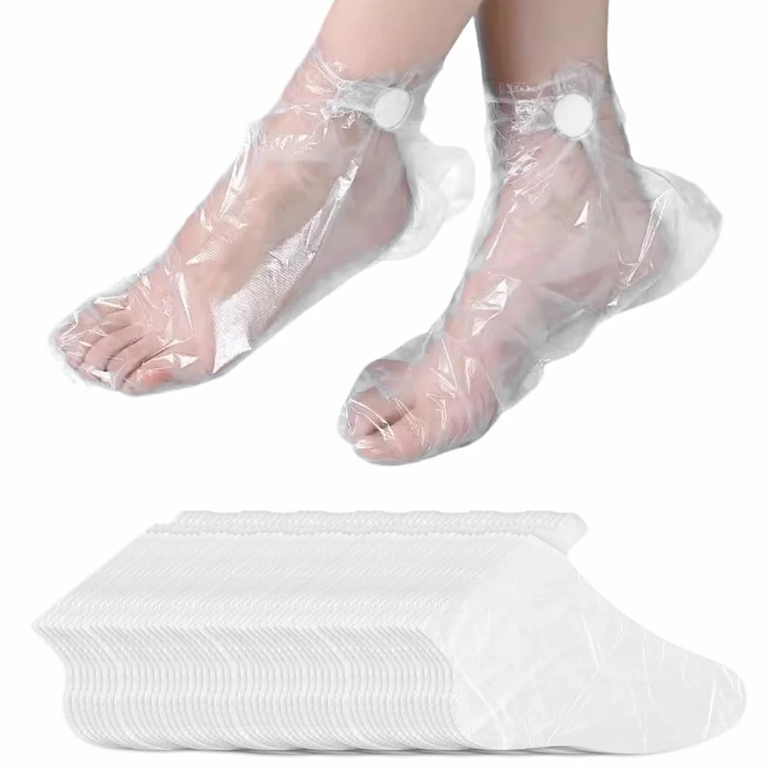 Lot 100 chaussettes jetables plastique autocollants fixation pédicure spa cire paraffine doublure bain masque pieds soin transparent