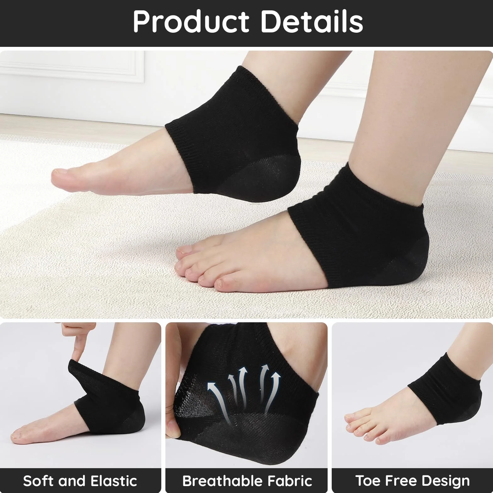 Segbeauty Chaussettes à Bout Ouvert en Gel, 4 Paires, Chaussettes Hydratantes pour Pieds Secs en Silicone (Noir)