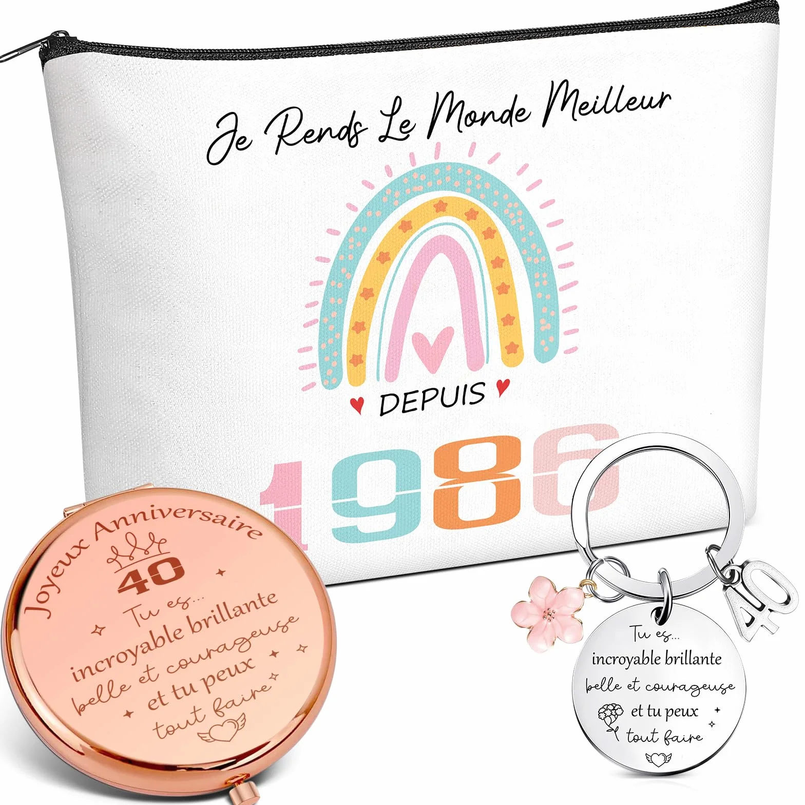 Xuniea 3 Pièces Trousse de Maquillage de Voyage Cadeaux d'Anniversaire 40 Ans pour Femmes 1986 Miroir de Poche Porte-Clés
