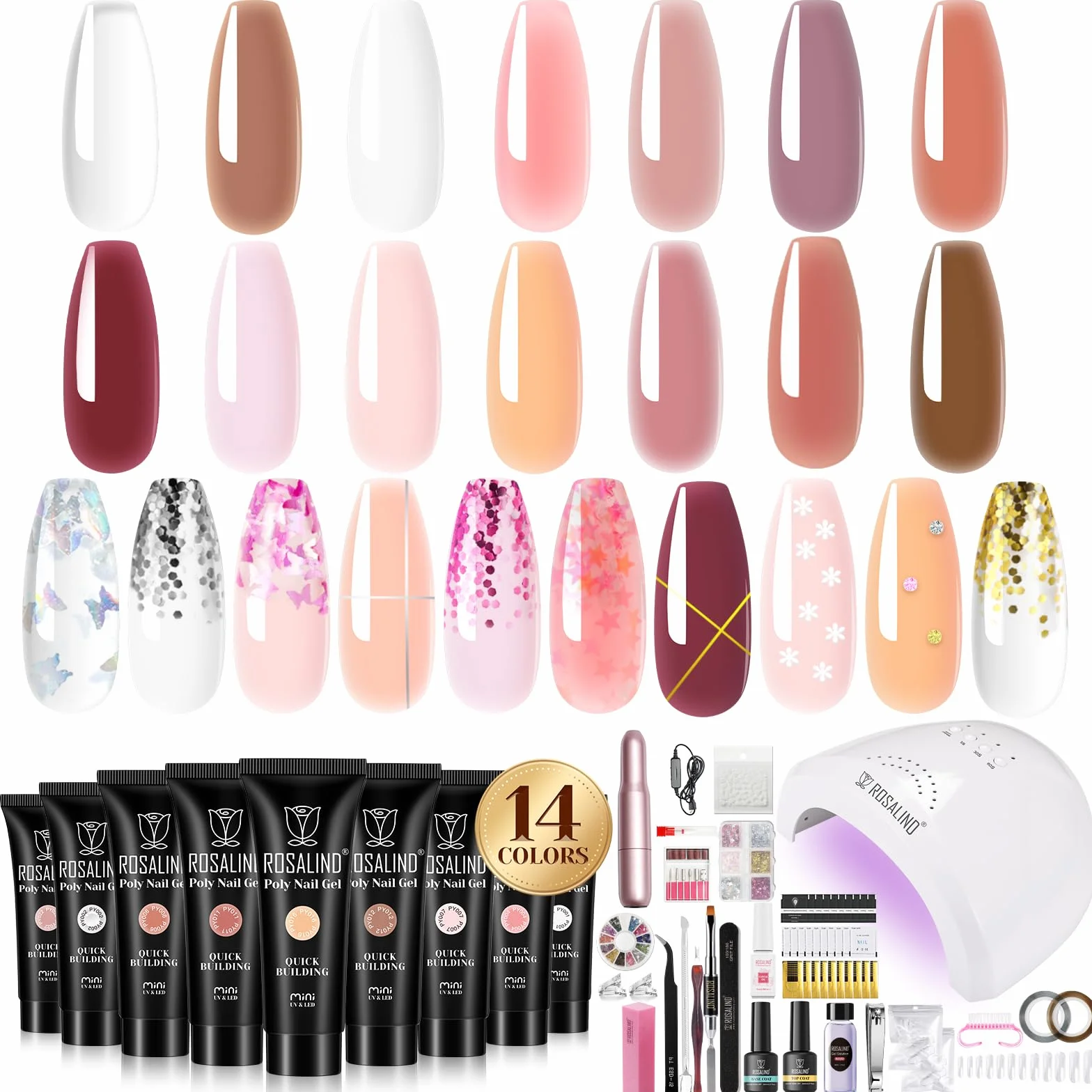 ROSALIND 48W Lampe UV Gel Ongle Kit Complet 14 Couleurs avec Lime Électrique Base et Top Coat