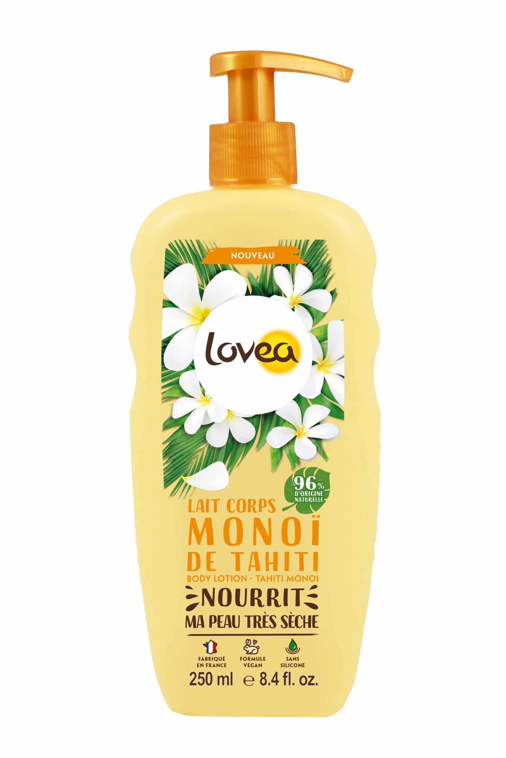 LOVEA Lait Corps Monoï de Tahiti Nourrit Adoucit Peaux Très Sèches 96% Origine Naturelle Sans Silicone Vegan 250 ml