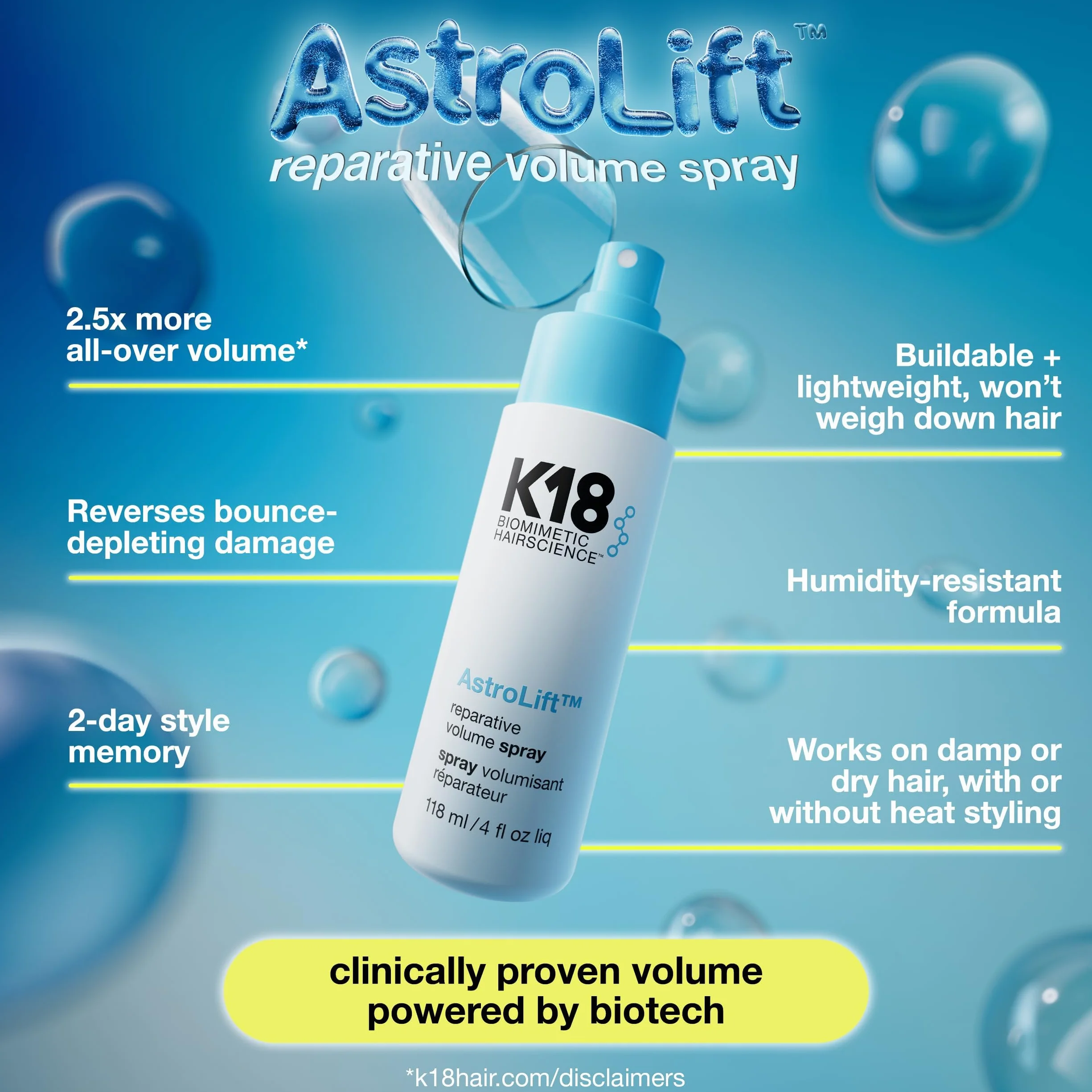 K18 AstroLift™ Spray volumisant réparateur épaissit fixe cheveux fins fragiles 2 jours 47 ml